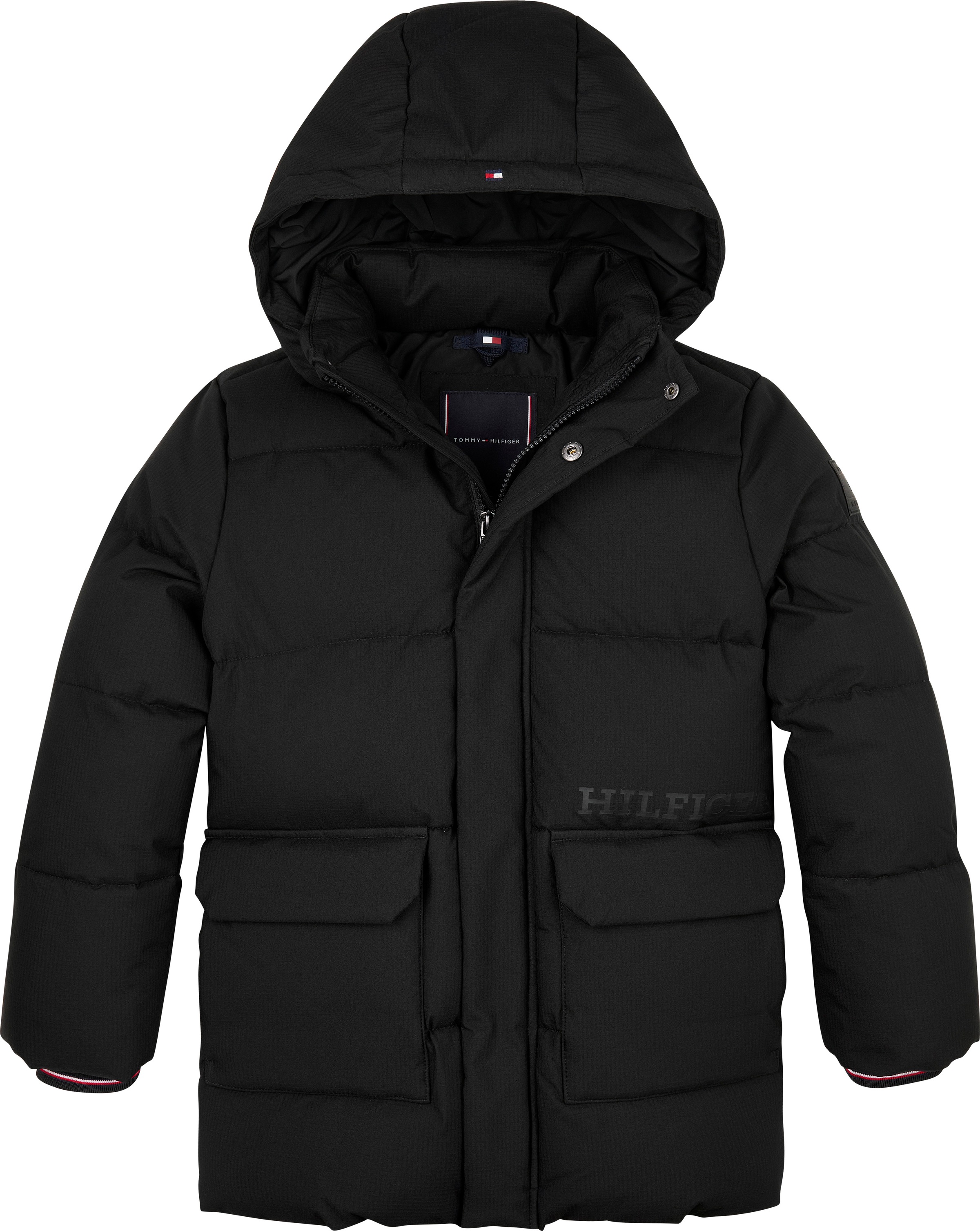 Tommy Hilfiger Steppjacke »MONOTYPE RIBSTOP PUFFER JACKET«, mit Kapuze, mit Kontrast-Streifen, Logoschriftzug