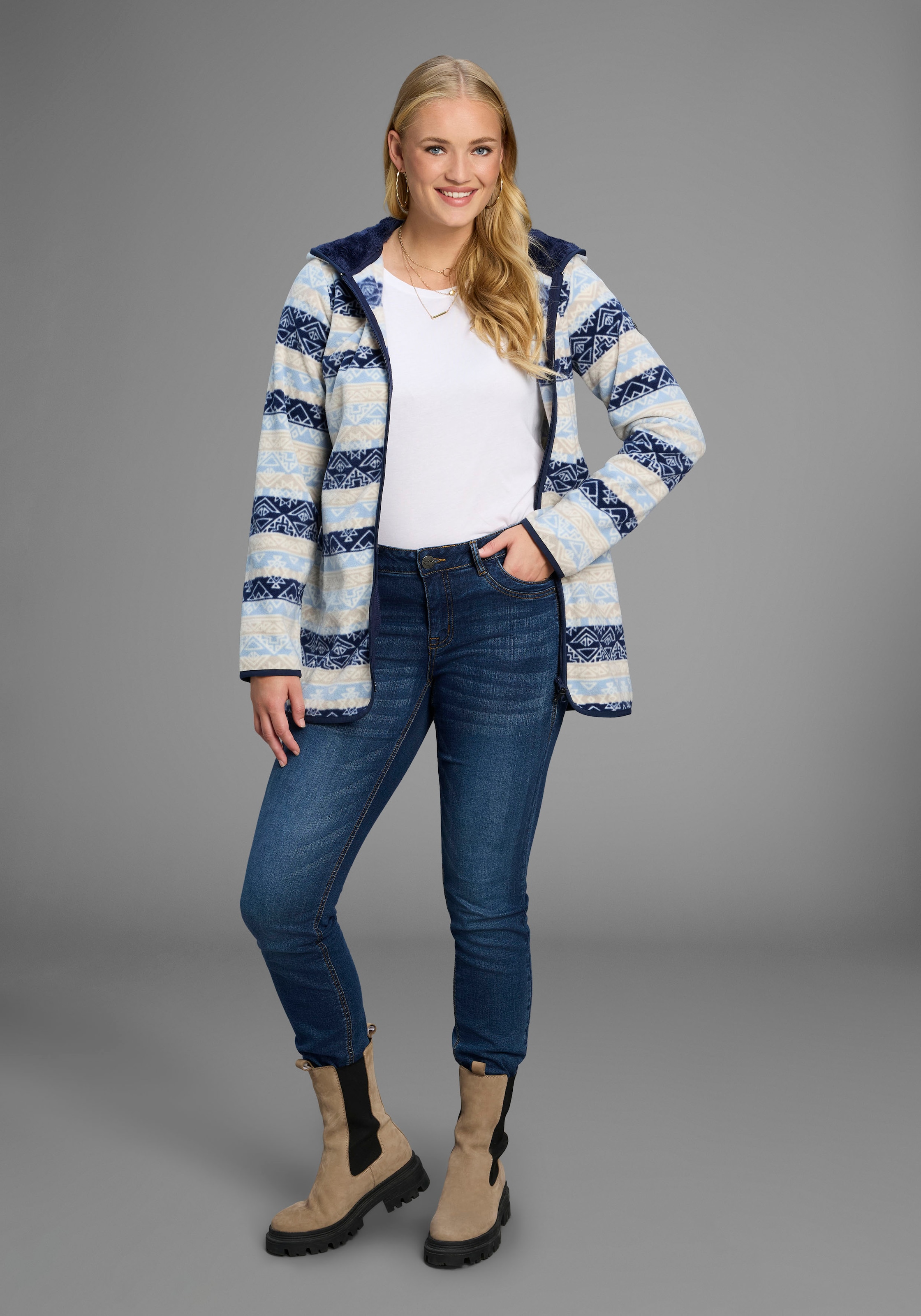 Polarino Fleecejacke, mit Kapuze, Fleecejacke mit Print und Fellimitat in Kapuze