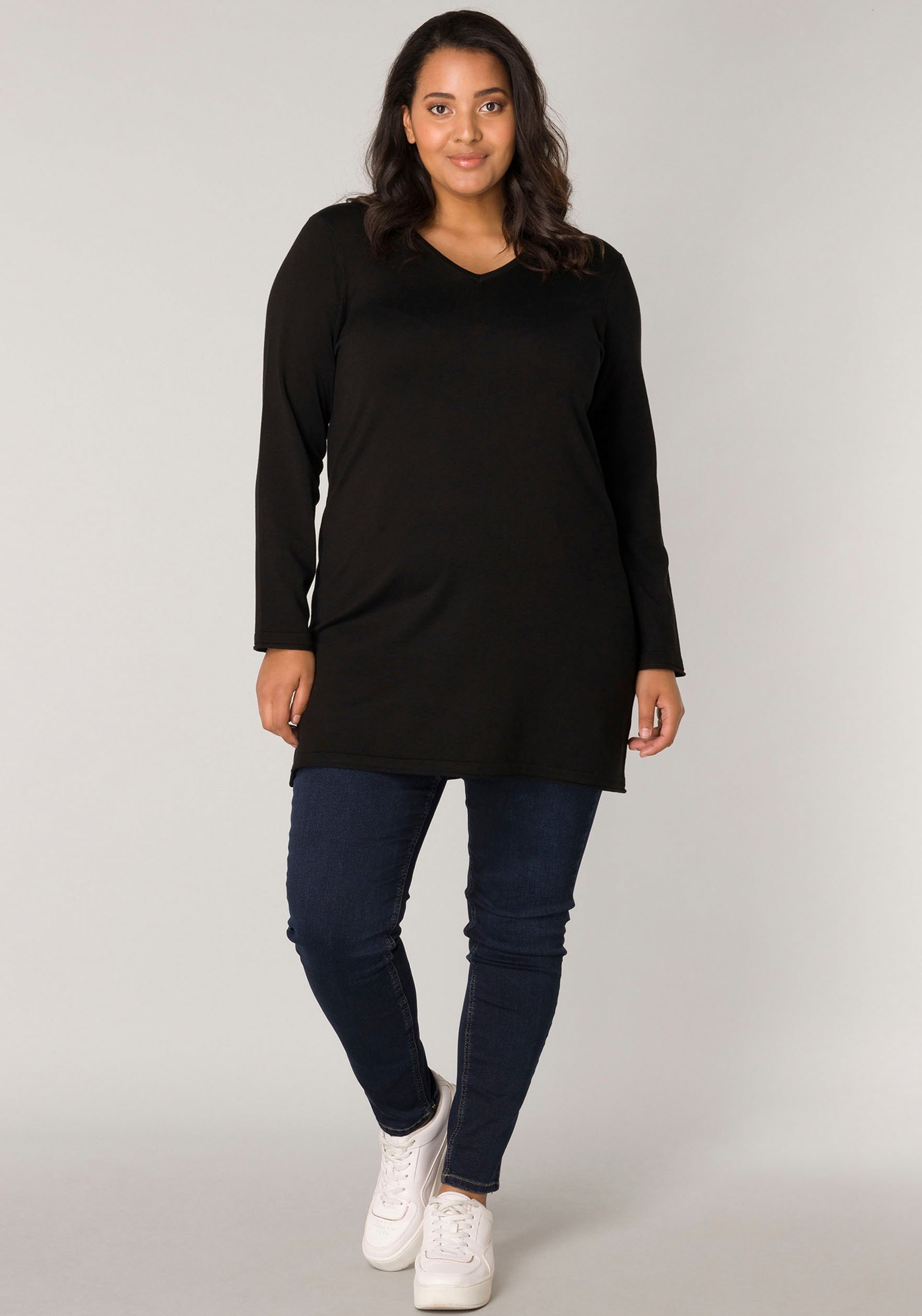 Base Level Curvy V-Ausschnitt-Pullover »BAS-ANINE-LONG«, Feinstrick-Qualität