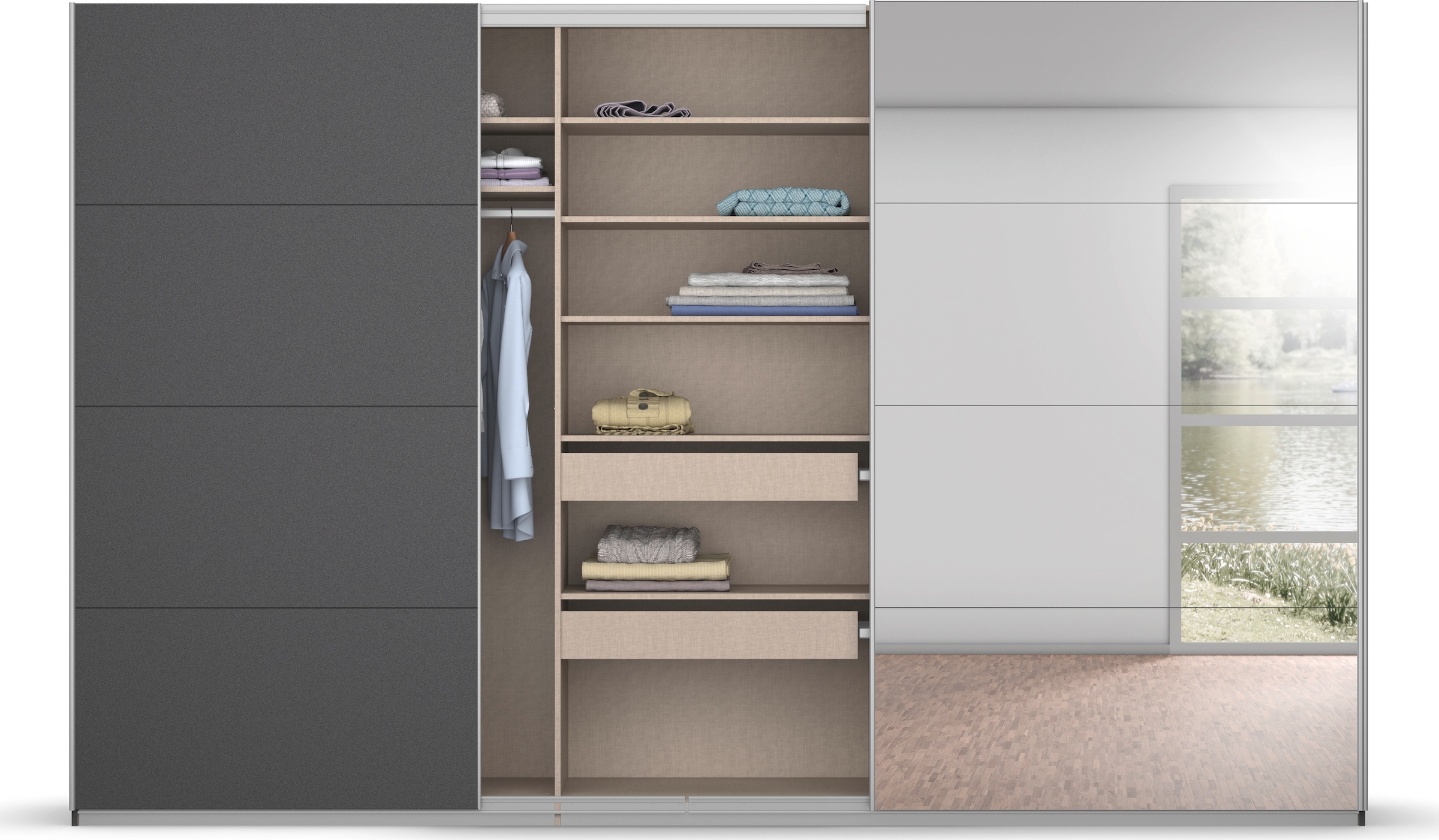 rauch Schwebetürenschrank »Kleiderschrank Schrank Garderobe KOLUNA mit Glastüren und Spiegel«, inkl. 2 Innenschubladen sowie extra Einlegeböden MADE IN GERMANY