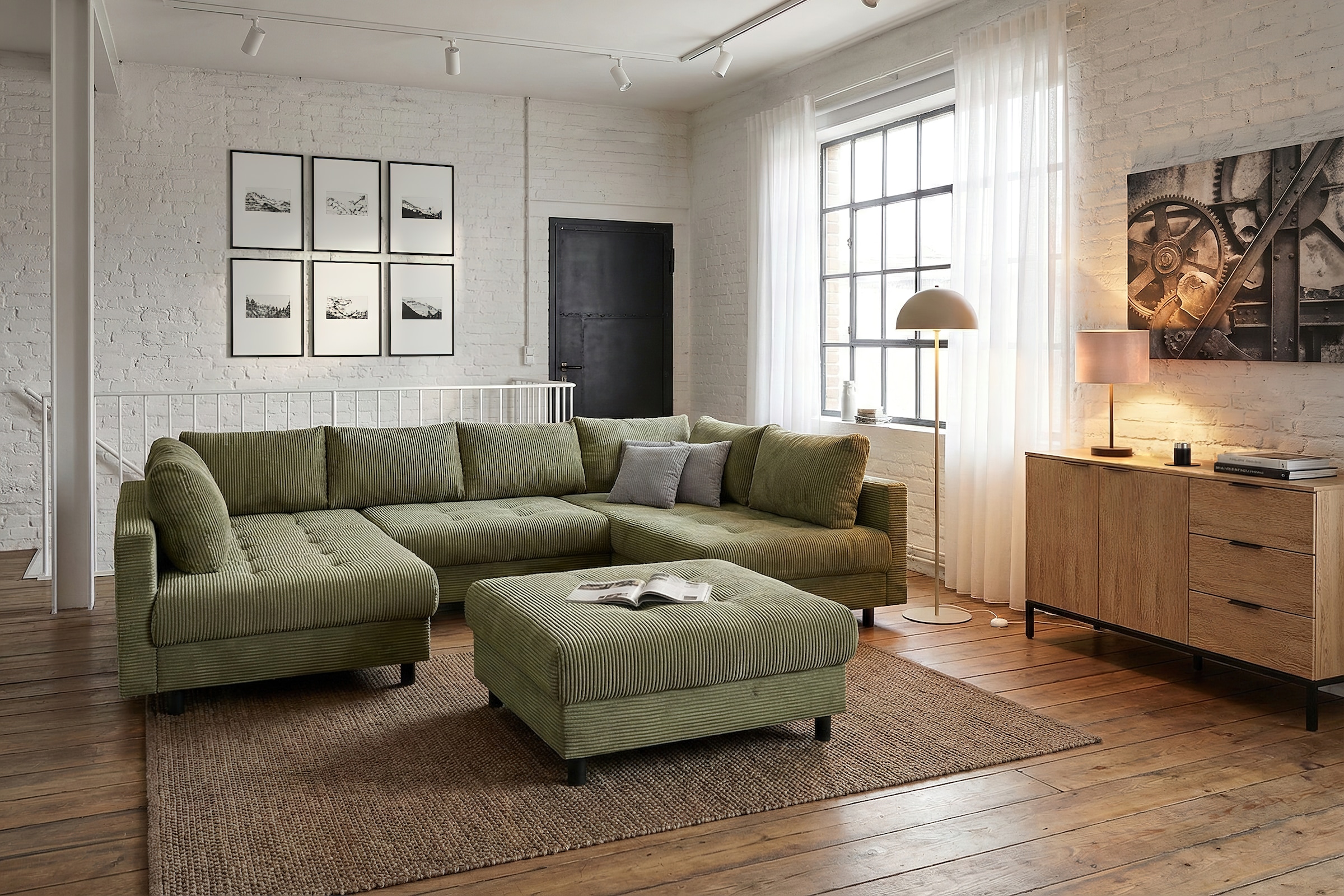 COLLECTION AB Wohnlandschaft »Toni U-Form, B: 298 cm« Set: Sofa & Hocker, 3 Zierkissen, Federkern