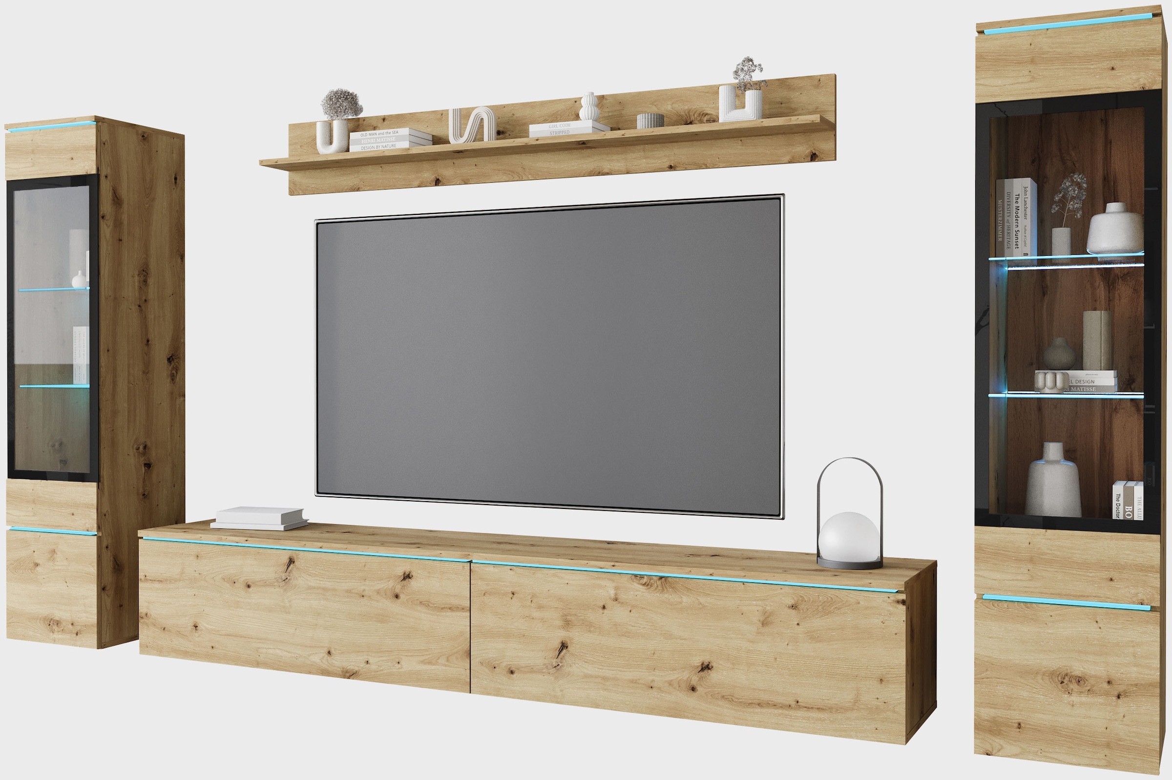 INOSIGN Wohnwand »VERA II, Vitrinen Türanschlag wechselbar«, (Komplett-Set, 4 St.), Mediawand 260 cm, Vitrine mit Verglasung, stehend und hängend