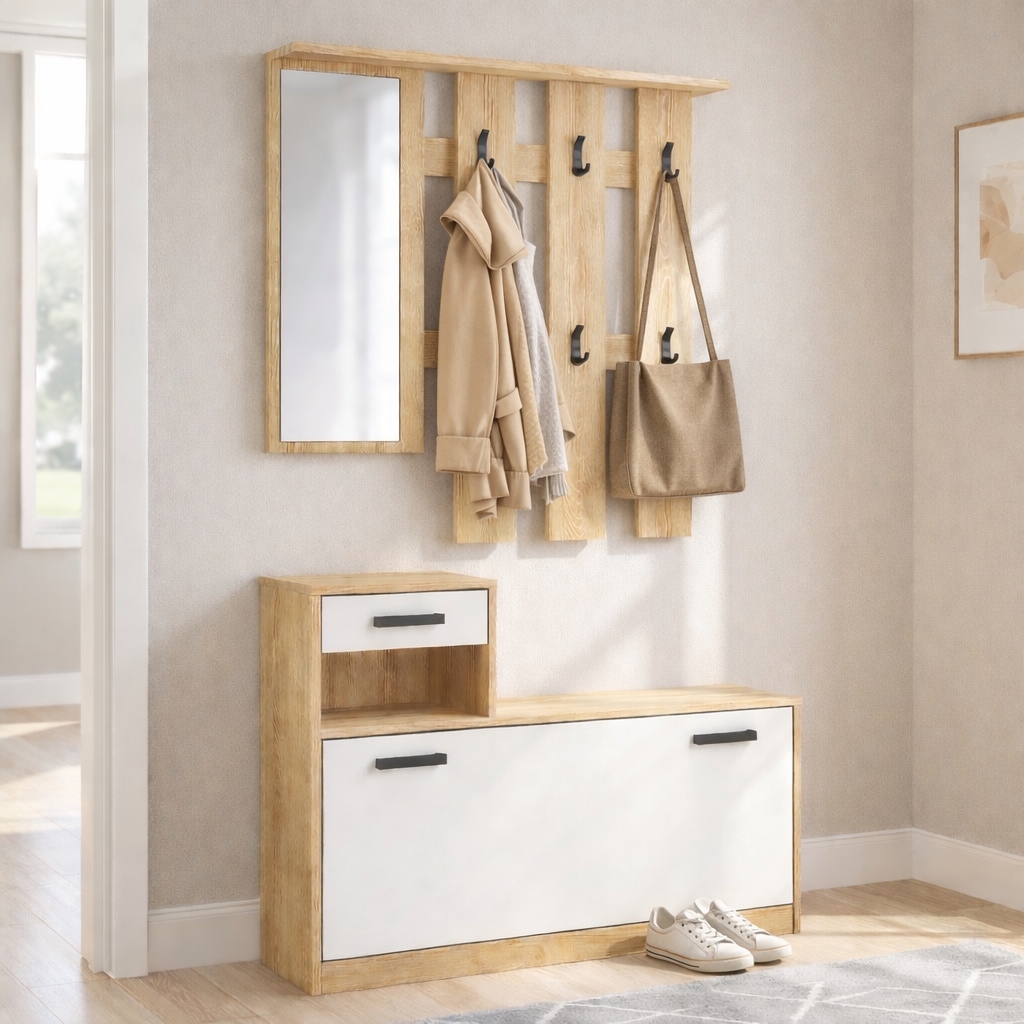 OTTO home Garderoben-Set »Luna Kommode mit 1 Klappe + 1 Schubkasten, Paneel mit Spiegel 6 Haken« 2 Stk. tlg.