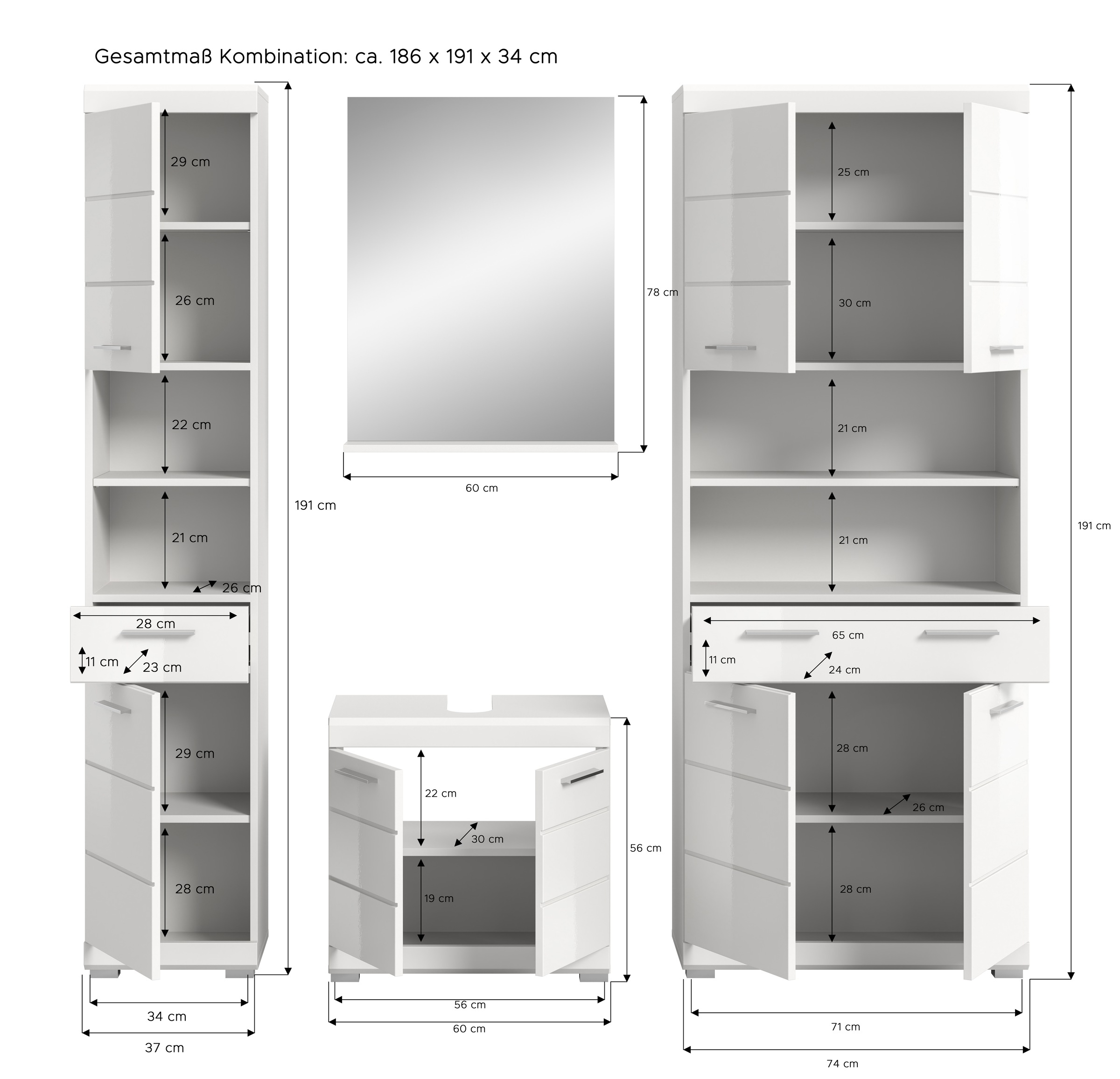 INOSIGN Badmöbel-Set »Siena, 4 teilig, bestehend aus:«, (Set), Hochschrank, Waschbeckenunterschrank, Badspiegel, Hochschrank breit
