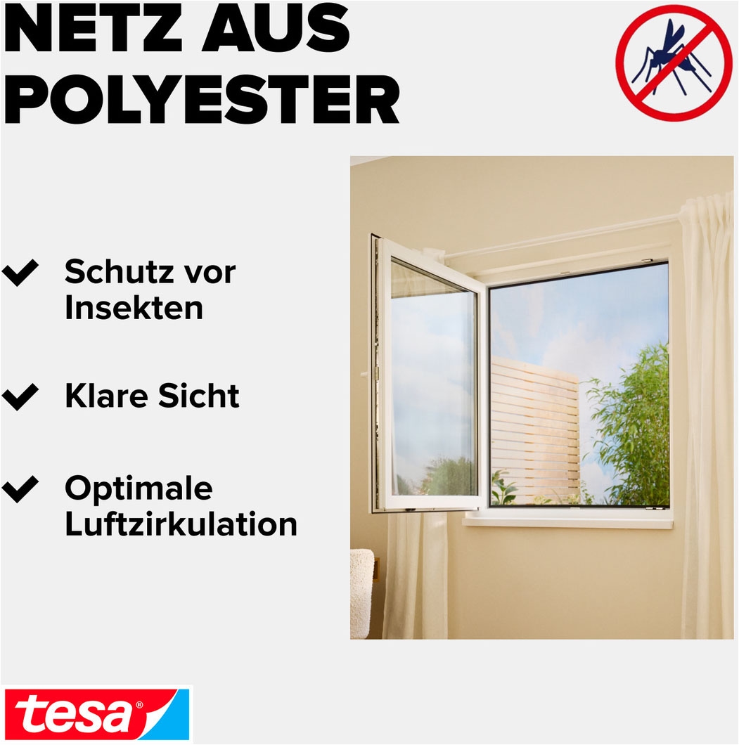 tesa Fliegengitter-Gewebe »Klett Fliegengitter für Fenster - Insektenschutz« Packung, Fliegennetz, Klettband, 3 Stk. tlg. INSECT STOP mit Klettband, zuschneidbar
