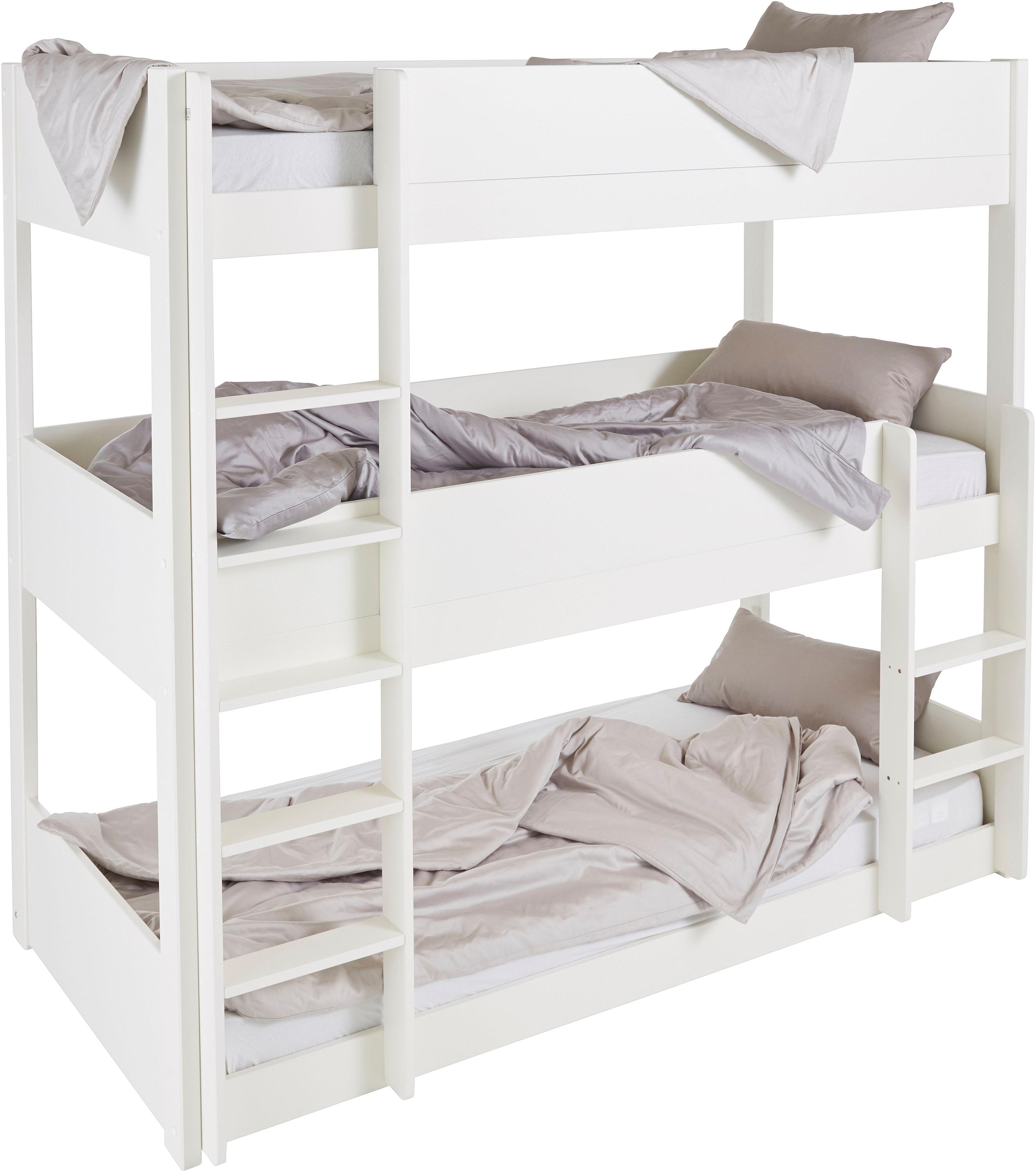 Lüttenhütt Etagenbett »"TIPO"BESTSELLER!Platzsparend,Bodenbett,Leitern beidseitig montierbar«, Stockbett mit 3 Schlafplätzen, zertifiziertes Massivholz (Kiefer)