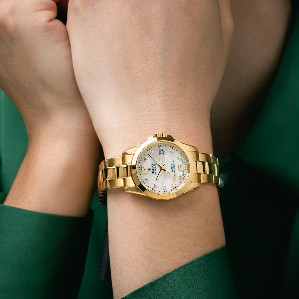 Festina Quarzuhr Armbanduhr, Damenuhr, Swiss Made, Edelstahlarmband, analog, Tag