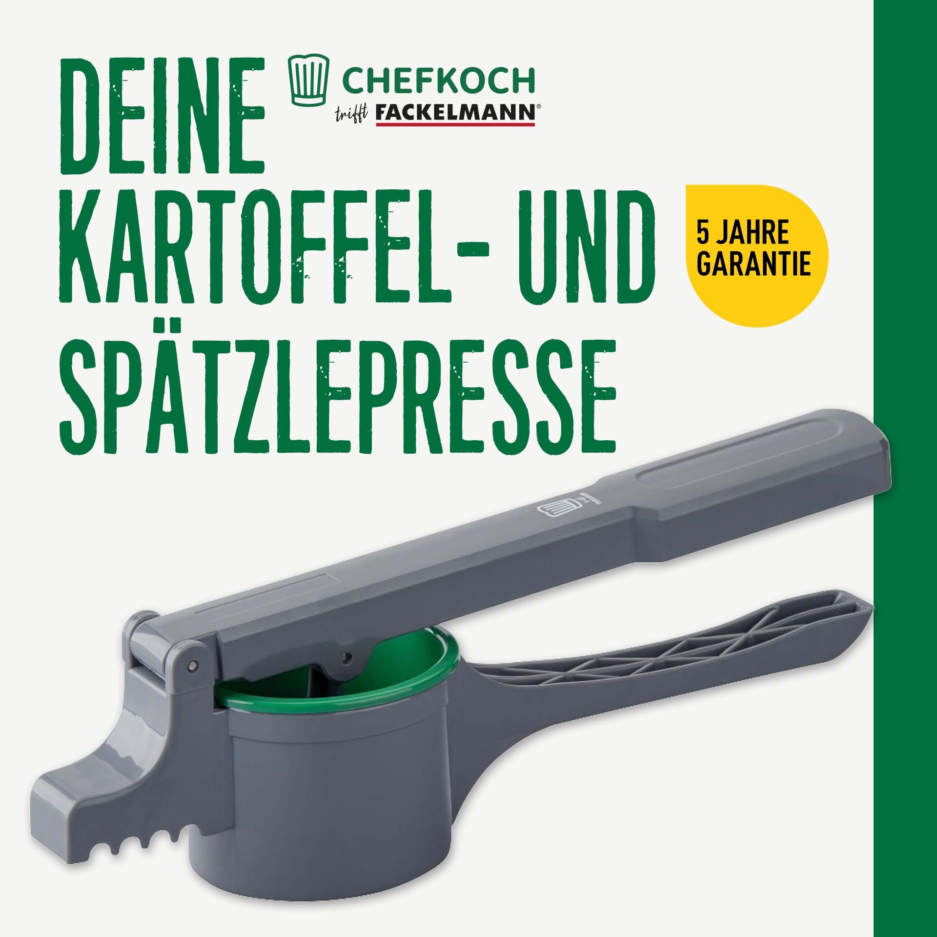 Chefkoch trifft Fackelmann Spätzlepresse »Presse für Kartoffeln, Spätzle, Spaghettieis & Co« Presse inkl. 3 Lochscheiben mit verschiedenen Stärken (2 - 3 mm)