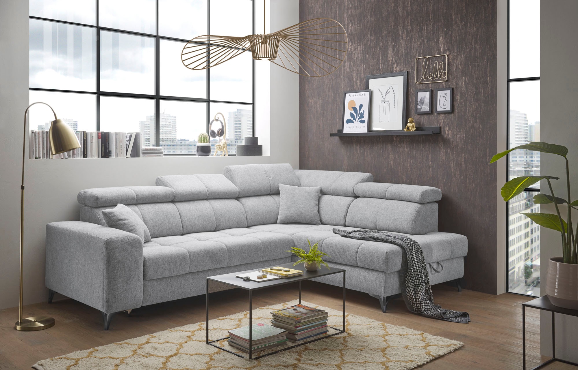 ED EXCITING DESIGN Ecksofa »Sydney L-Form« motorischer Sitztiefenverstellung, USB-Port & 2 Zierkissen