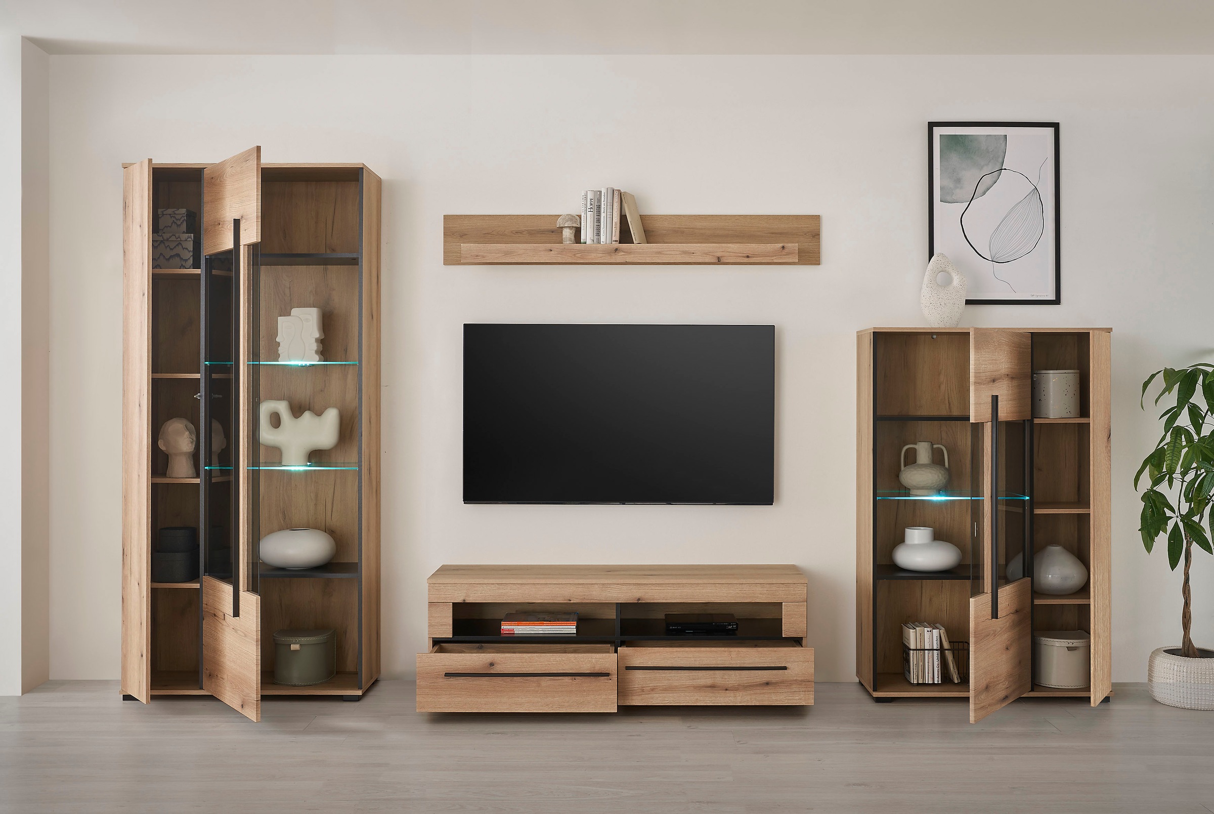 INOSIGN Wohnwand »Cantara, moderne Anbauwand, Wohnzimmer-Set, in Eiche Evoke oder Weiß«, (Set), enthält zwei Vitrinen, ein Lowboard und ein Wandboard