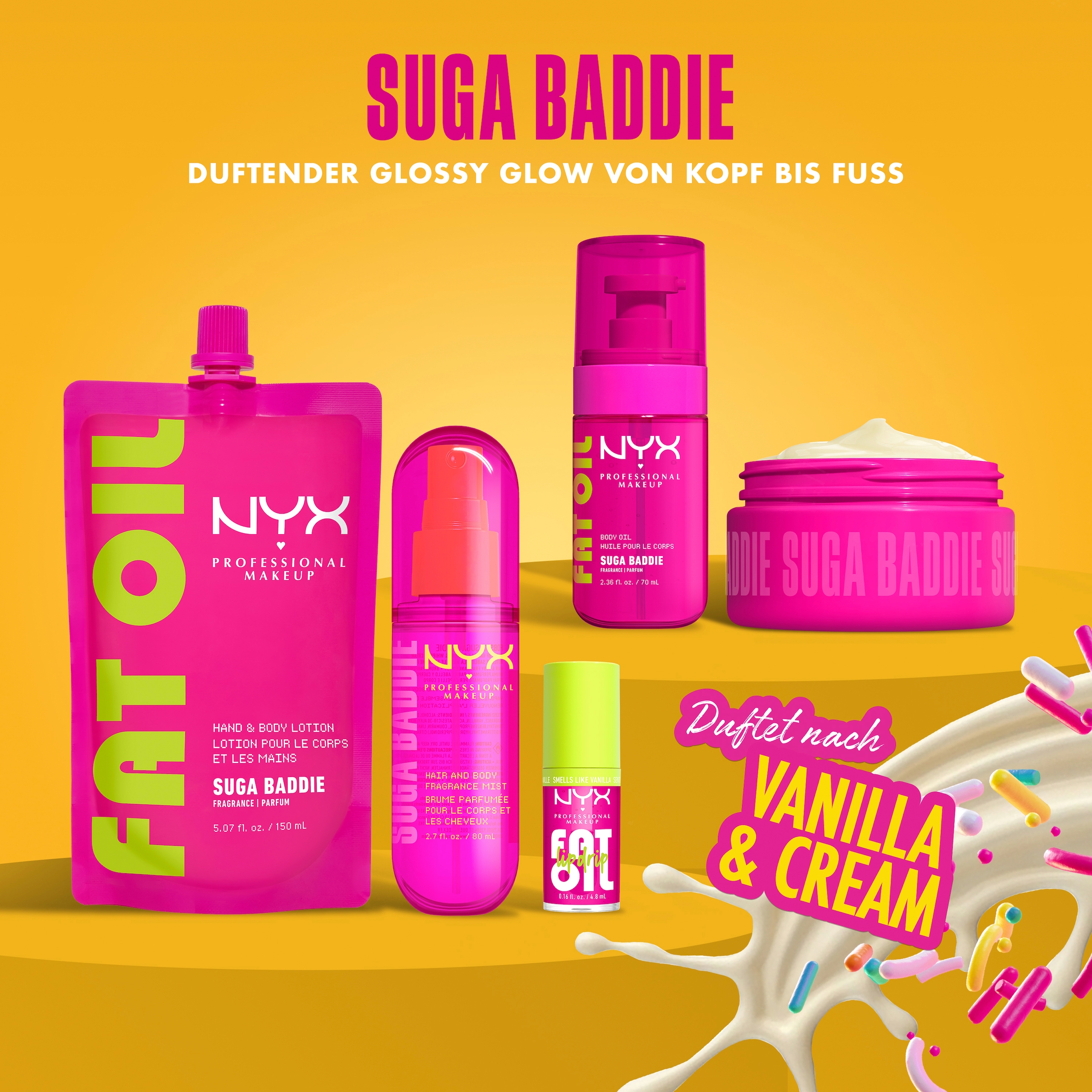 NYX PROFESSIONAL MAKEUP Körperöl »FAT OIL BODY OIL SUGA BADDIE« für strahlenden Glow am Körper, duftet nach Vanilla & Cream