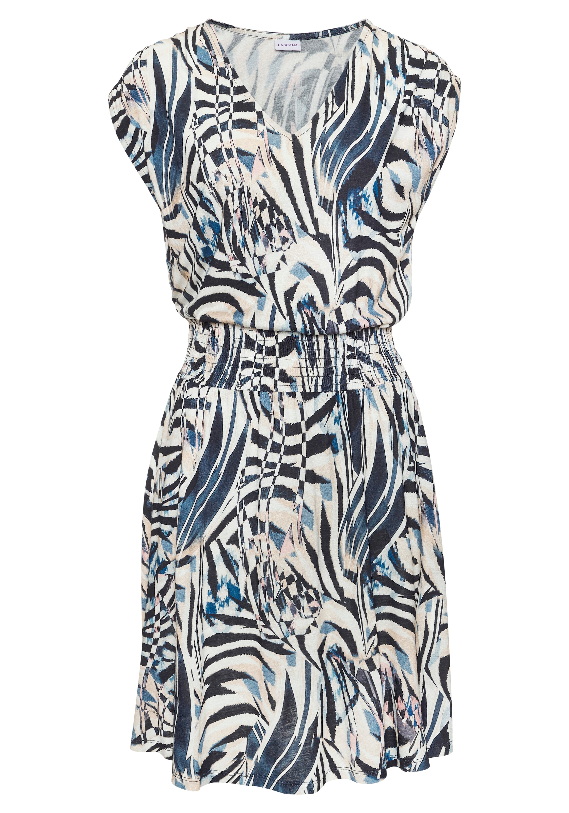 LASCANA Jerseykleid mit breitem Smokbund, kurzes Sommerkleid im Alloverprint, Strandkleid