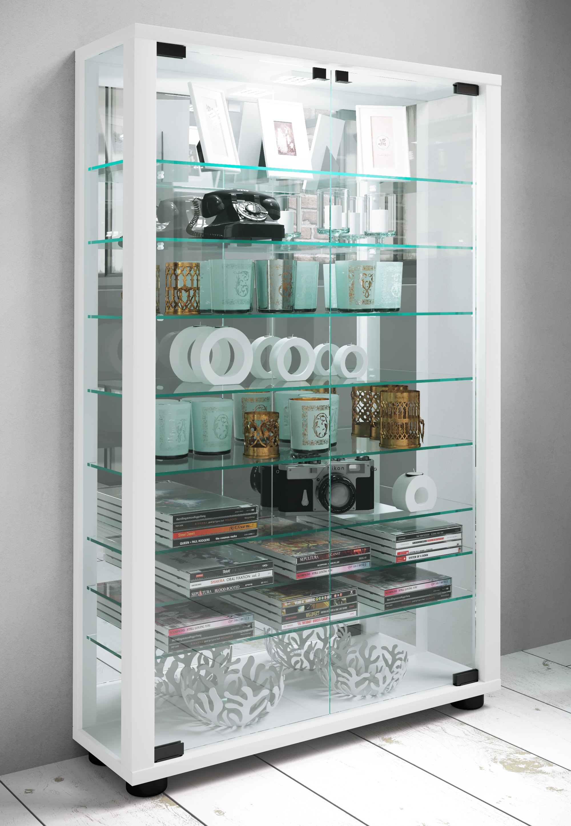 VCM Vitrine »VCM Glasvitrine stehend | Vitrine Glas mit ESG-Sicherheitsglas | Maße ca.H. 91 x B. 59 x T. 18 cm | Standvitrine Glas | Modern und platzsparend | Glas Vitrinenschrank ¿ Lumo Mini Spiegel«, (1 St.)