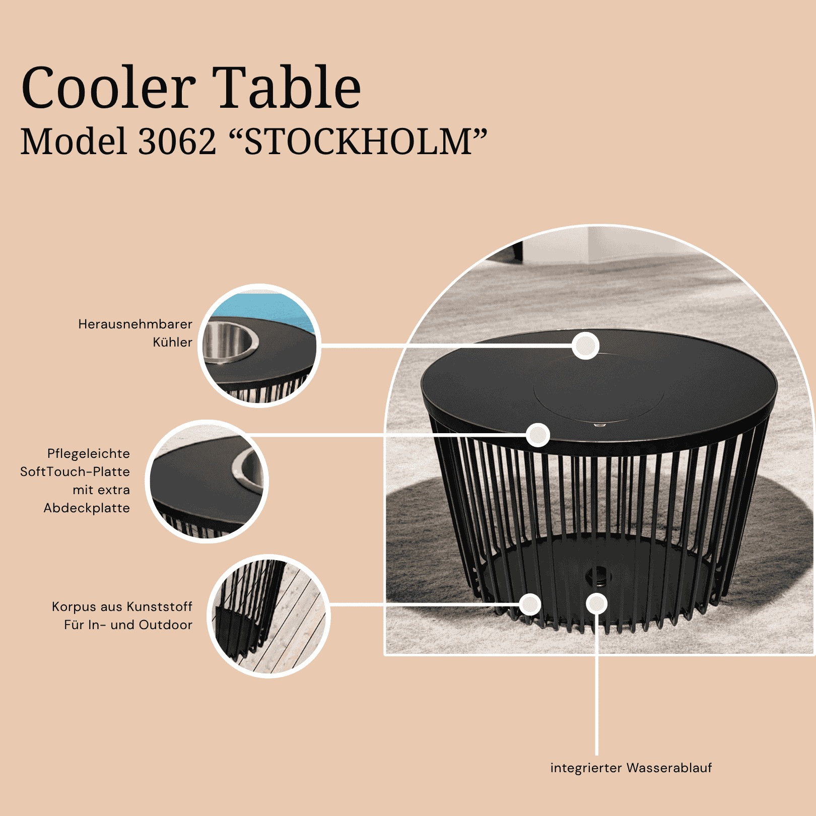 COOTAB Cooler Table Beistelltisch »3-in-1 Loungetisch mit Edelstahl-Kühler Stockholm 46 cm schwarz« 1 Stk. tlg. Wetterfest, Pflegeleicht, Hitzebeständig, Stapelbar
