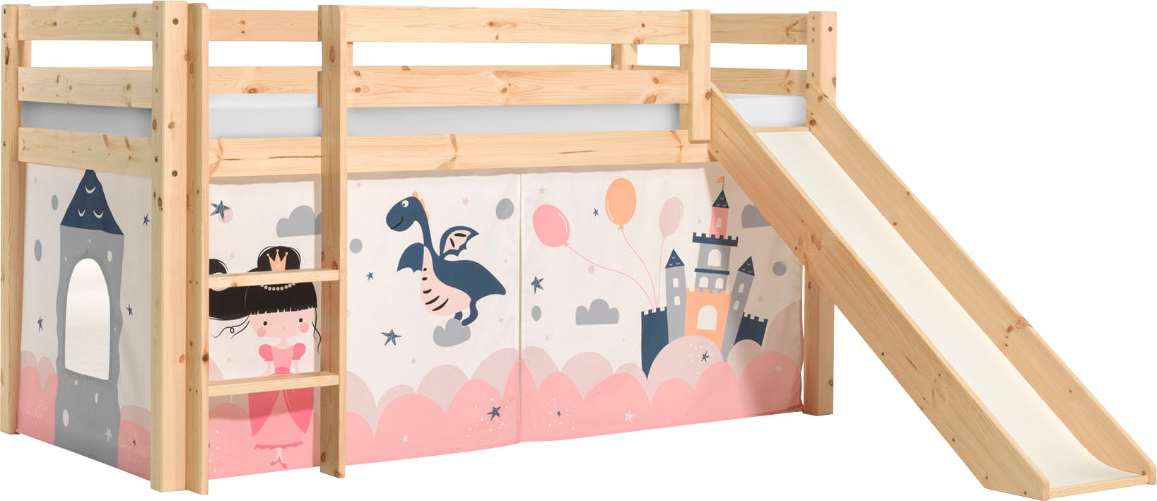 Vipack Spielbett »Pino, Kiefer massiv, mit Rolllattenrost u. Textil-Set, Made in Europe« B/H/T ca. 210x114x218cm, mit Absturzschutz, Leiter und Rutsche,  verschiedene Textil-Designs und Holzfarben zur Wahl