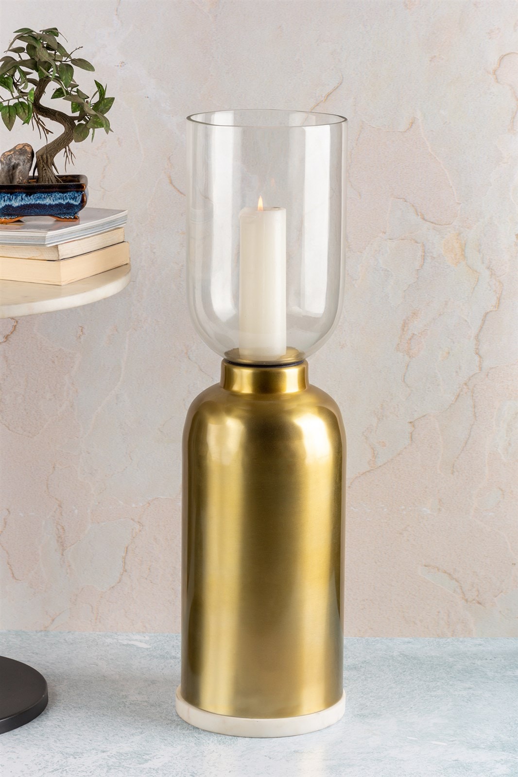 Kayoom Kerzenhalter »Bodenkerzenhalter Shyam 125«, Bodenkerzenhalter aus Metall, Marmor-Sockel, Windlicht aus Glas