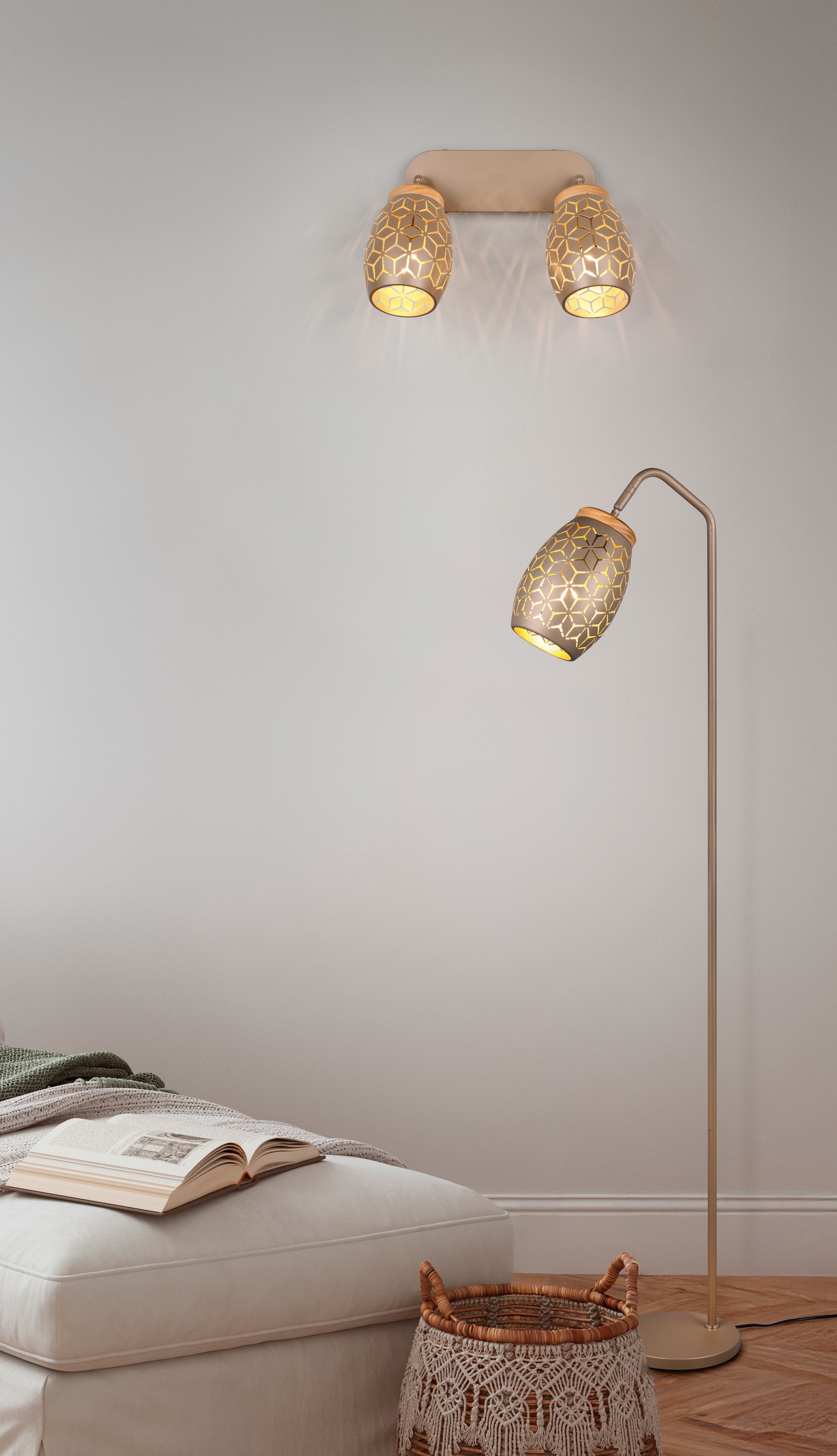 REALITY Leuchten Deckenstrahler »BIDAR 2-flammig, exkl 2x E14 max 10W, Wand- oder Deckenmontage möglich« E14 1 Stk. warmweiß - kaltweiß Spots verstellbar, Metall-Lampenschirm mit Lasercut Optik + Holz Dekor