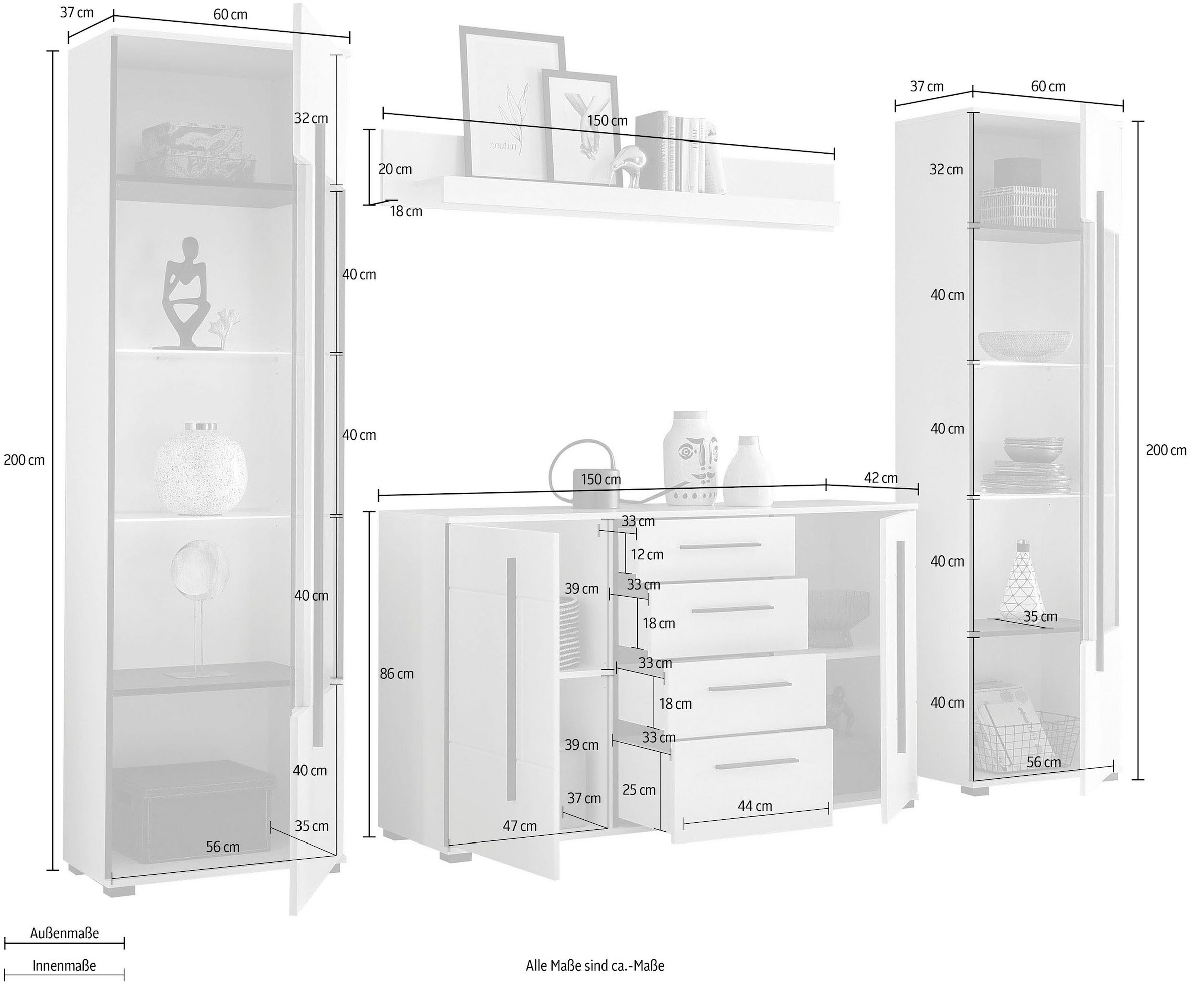 Home affaire Wohnwand »Cantara, Anbauwand, Wohnzimmer-Set, in Eiche Evoke, Weiß oder Kaschmir« Set, 4 Stk. tlg.