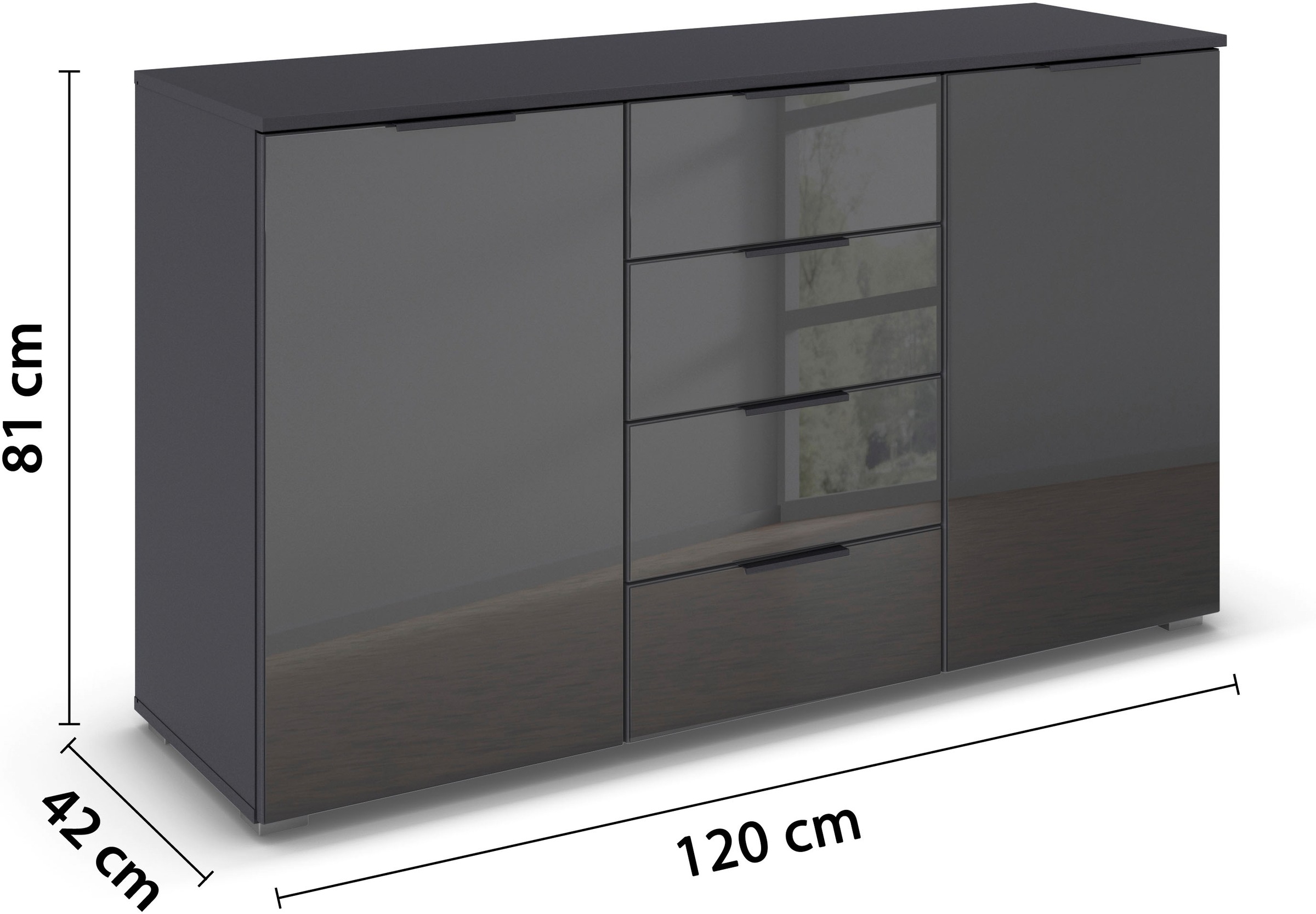 OTTO home Kombikommode »Sideboard Kombikommode Schubladenkommode AGORDO mit Glasfront« in zwei Griff-Farben, Breite 120 cm,  vier große Schubladen, mit insgesamt 4 Einlegeböden MADE IN GERMANY