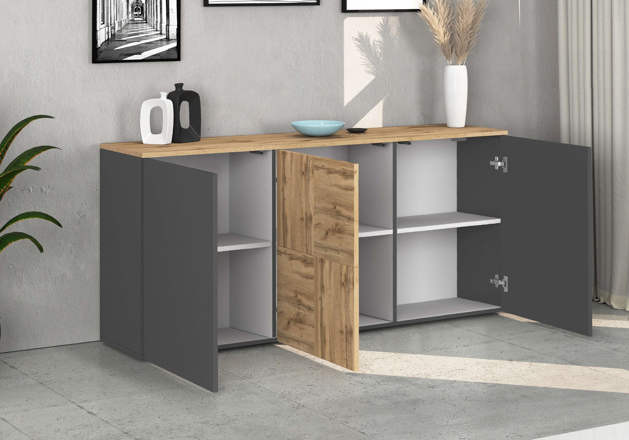 OTTO home Sideboard »ISEO, Kommode, Schrank, Sideboard, Lowboard, 6 Fächer, Breite 150 cm« 1 Stk. tlg. stehend/hängend, 3 Türen, 6 Fächer, Breite 150 cm
