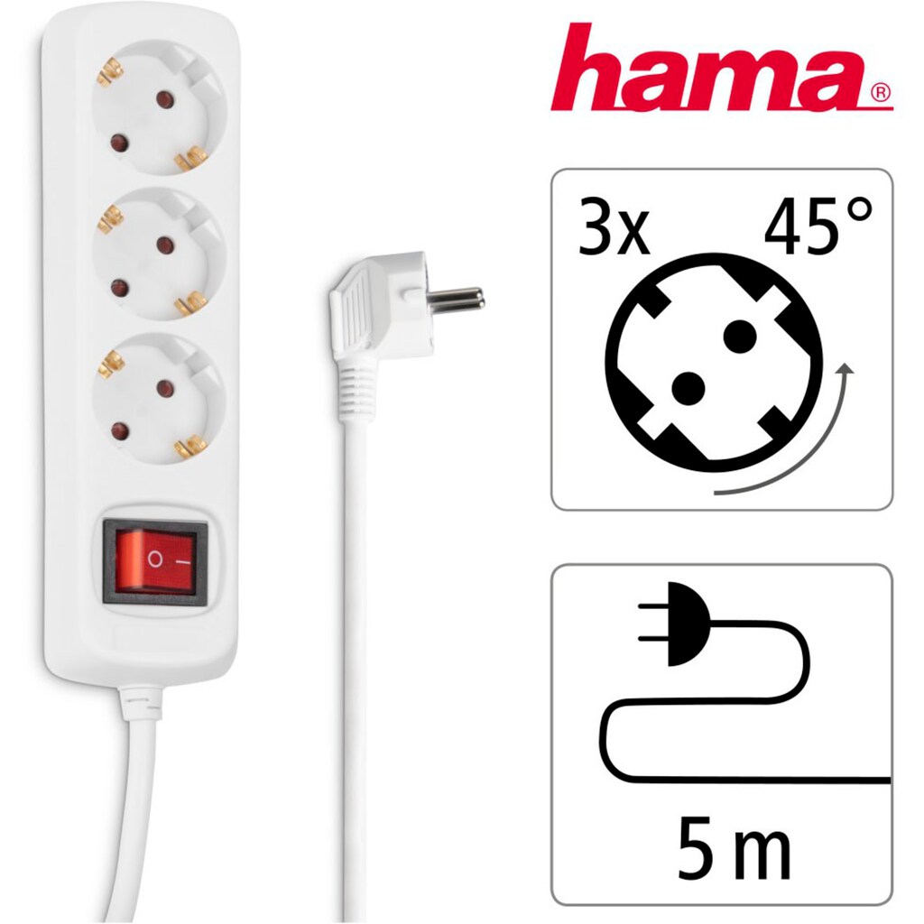 Hama Steckdosenleiste »3-fach, mit Schalter, 5 m, Weiß, mit erhöhtem Berührungsschutz«, 3-fach, (Kabellänge 5 m), Mehrfachsteckdose, Schalter,erhöhter Berührungsschutz