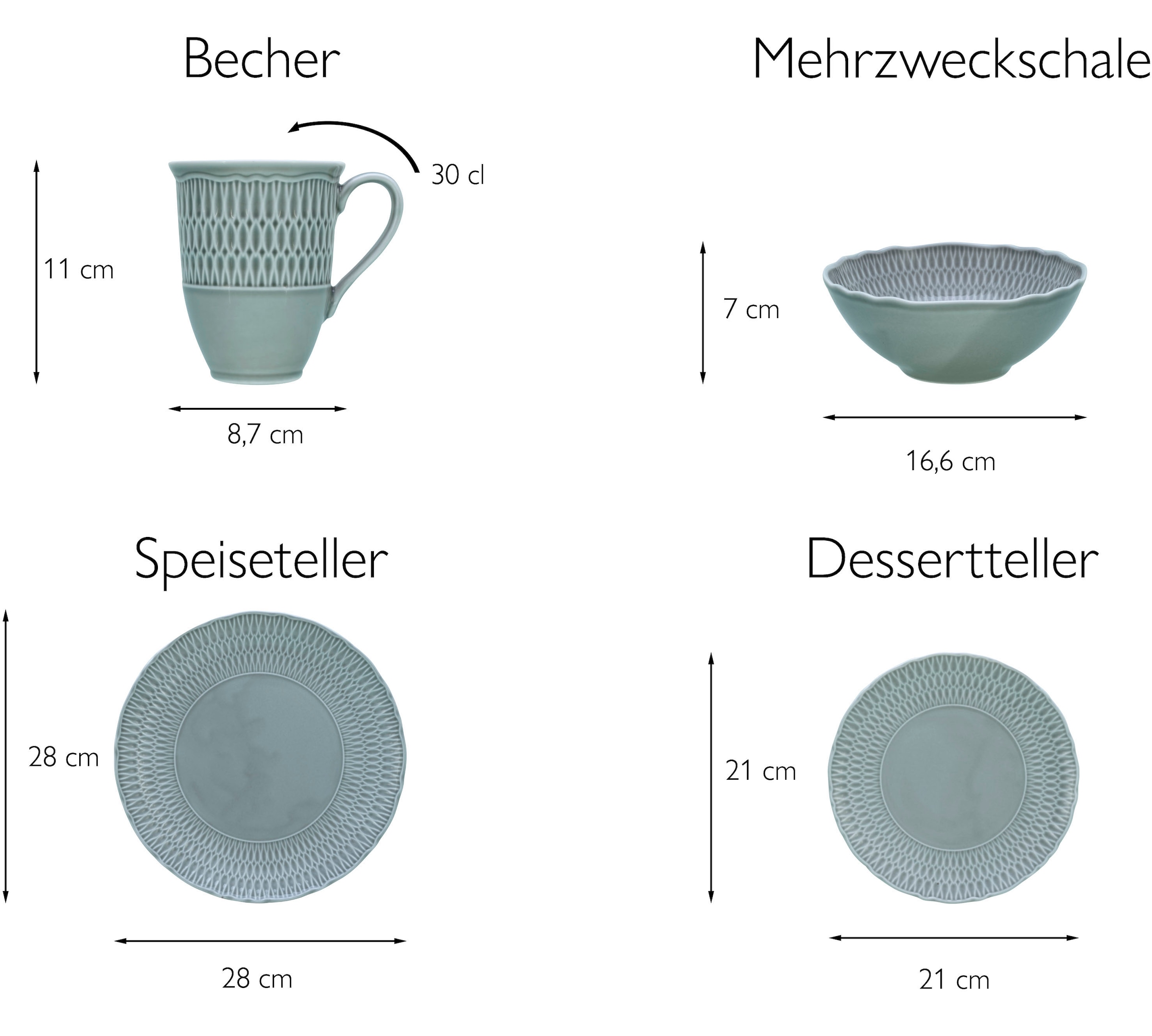 CreaTable Kombiservice »Geschirr-Set Sofia«, (Set, 8 tlg., Kaffeeservice und Tafelservice im Set, für 2 Personen), Service, klassisch elegantes Relief, 8 Teile, für 2 Personen