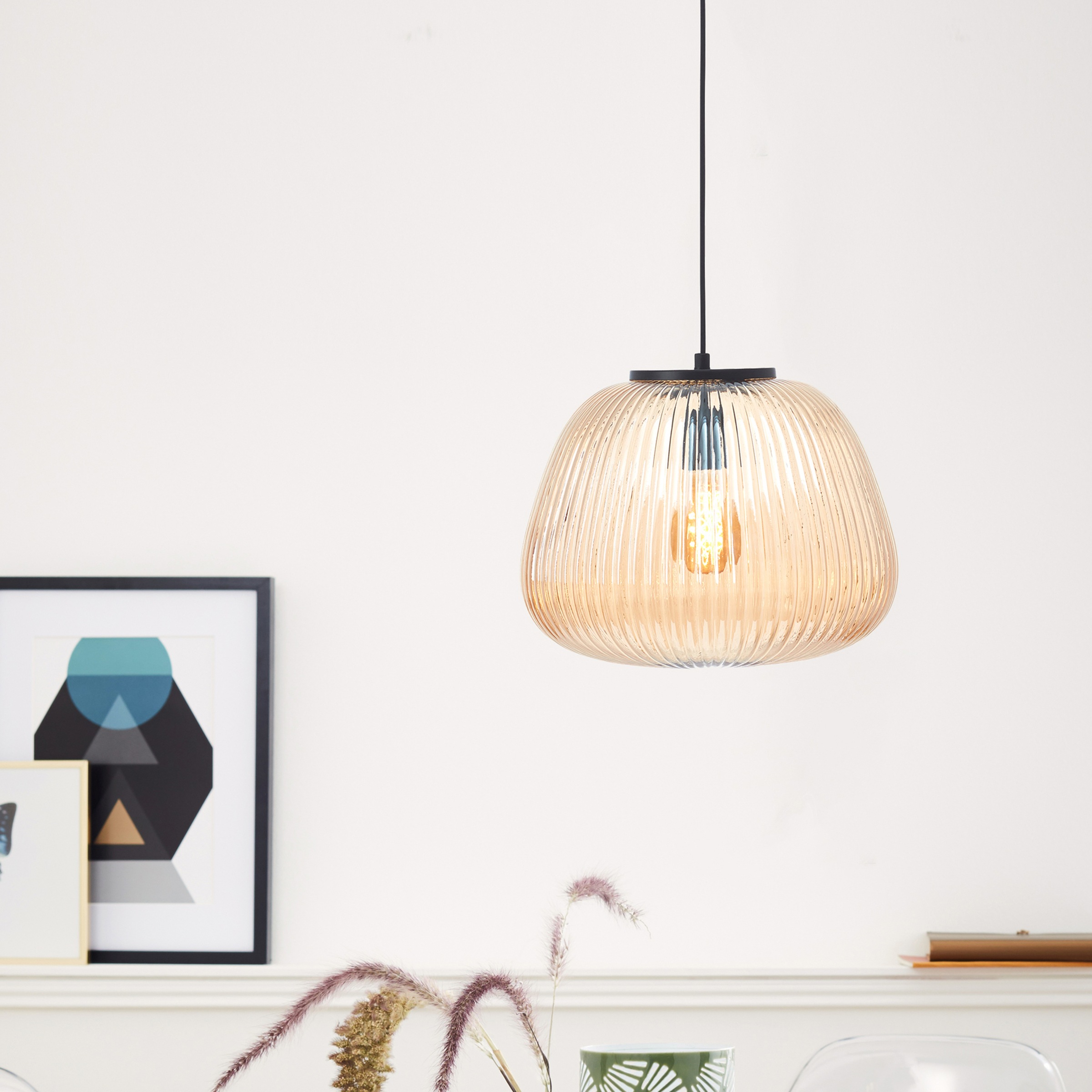 Brilliant Pendelleuchte »Kaizen«, 1 flammig, Leuchtmittel E27 | ohne Leuchtmittel, Riffelglas, D 35 cm, E27, kürzbar, Amber-Bernsteinfarben