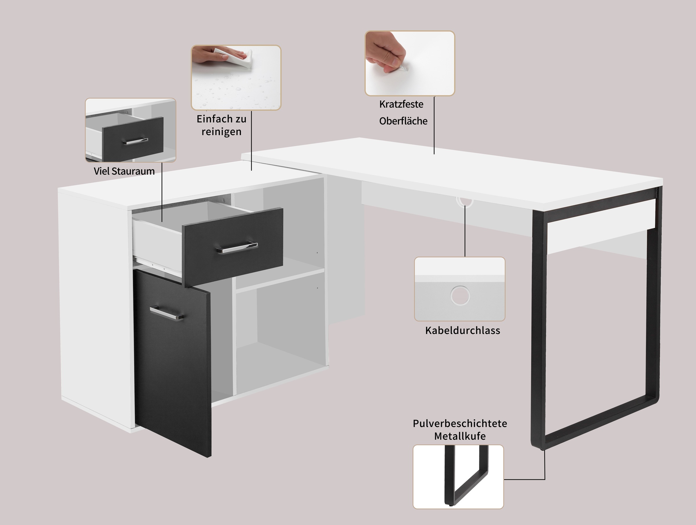 Places of Style Eckschreibtisch »Moid, Computertisch, Kabeldurchlass, mit Regalfächern,«, Schublade und Tür, flexibles Regalelement, 140x82-115 cm