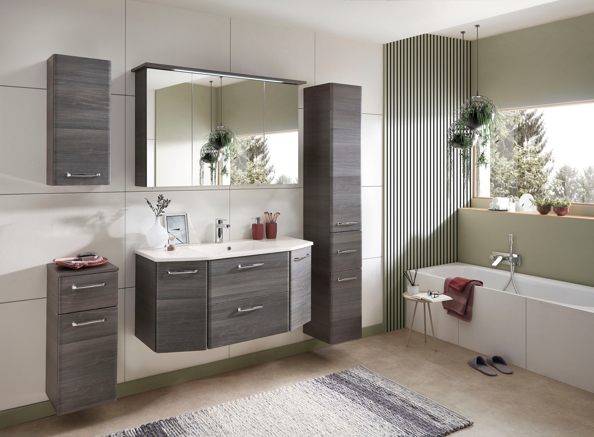 Saphir Waschtisch »Quickset Waschplatz, Mineralmarmor-Waschtisch, 112 cm breit, 2 Türen«, Unterschrank mit Waschbecken, inkl. Türdämpfer, Griffe Chrom Glanz