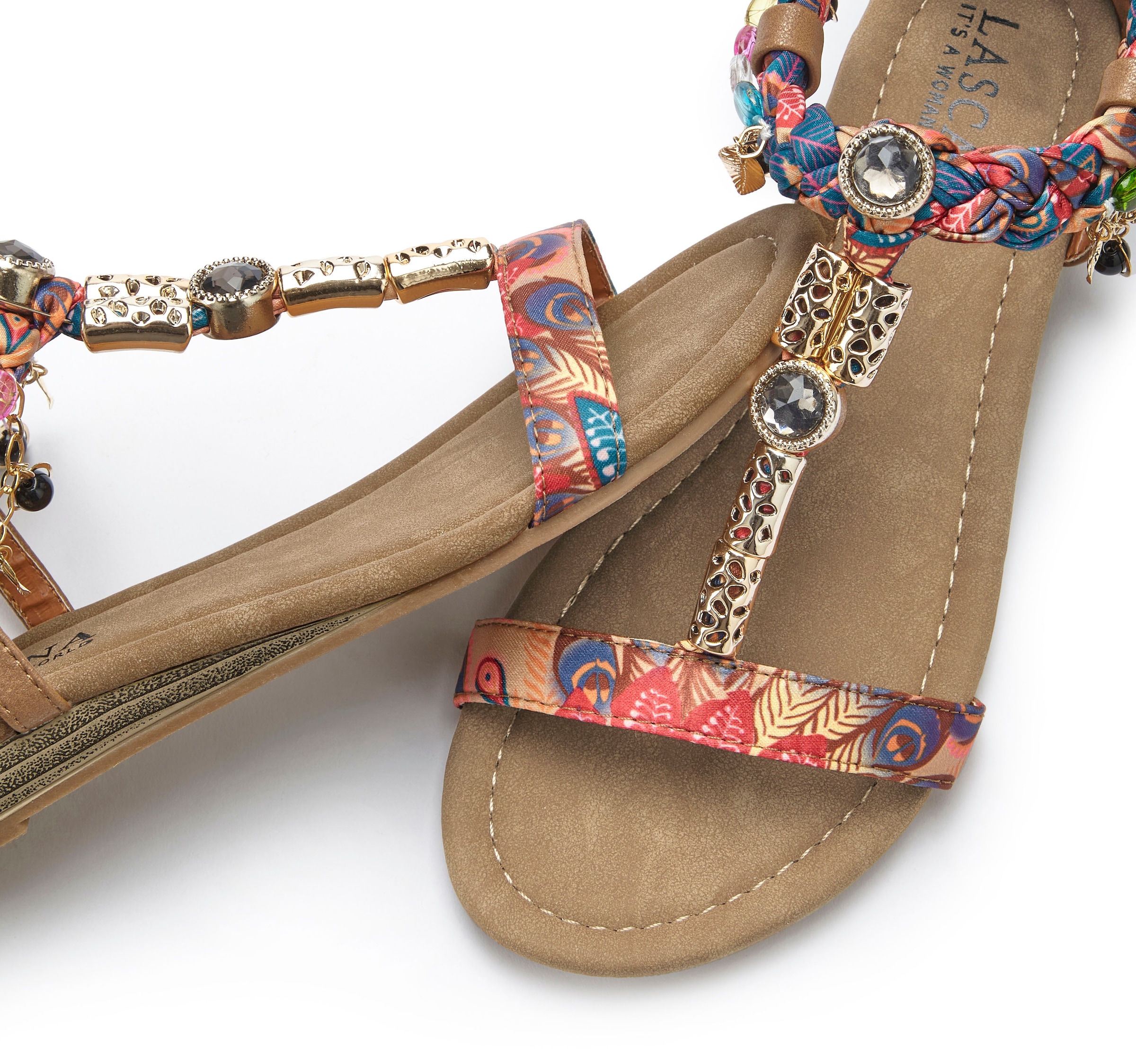 LASCANA Sandale »Sommerschuh, Sandalette,«, mit Schmuckkettchen und Schmucksteinen im Festival-Look VEGAN