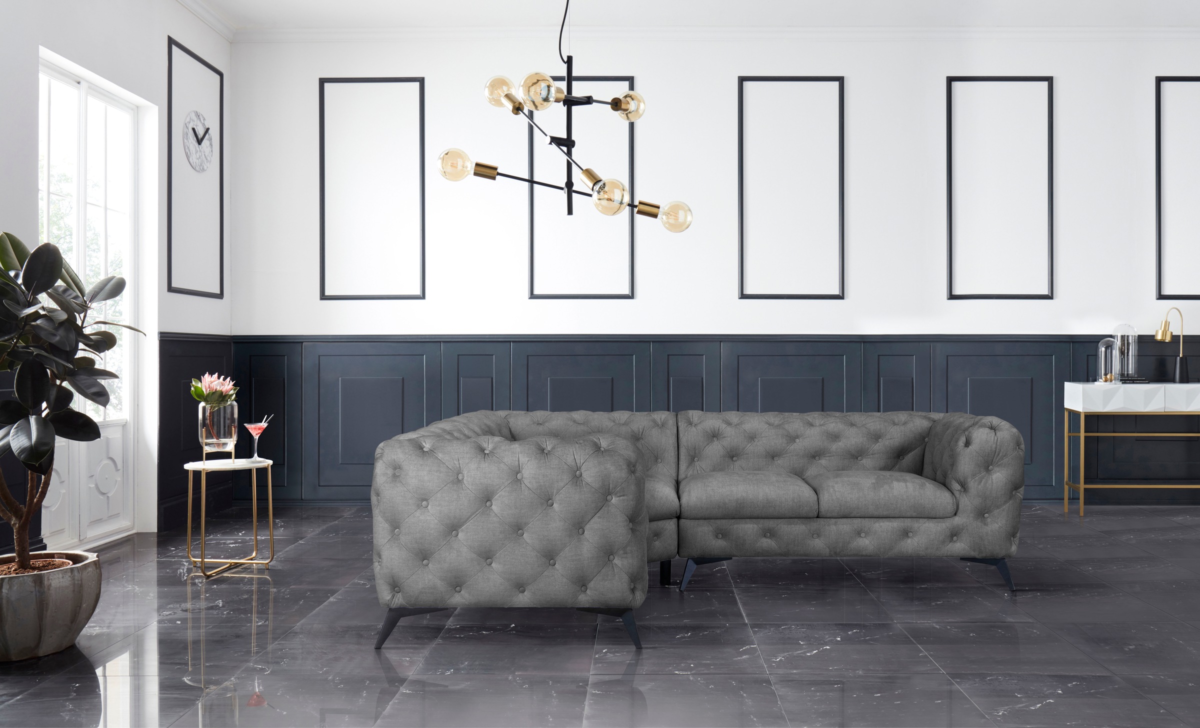 Leonique Chesterfield-Sofa »Ecksofa GLYNIS L-Form mit Wellenunterfederung, Maße B/T/H 264/204/75cm«, aufwändige Knopfheftung, moderne Chesterfield Optik, Fußfarbe wählbar