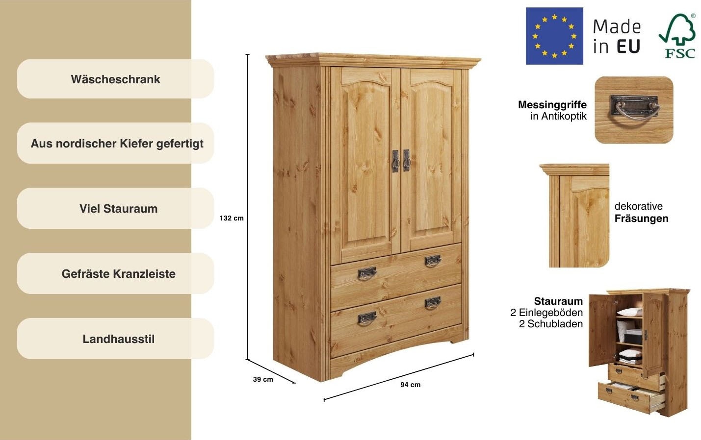 OTTO home Wäscheschrank »Konrad« 2 Breiten: 94/133 cm H/T ca. 132/39 cm,  aus massiver Kiefer, mit viel Stauraum