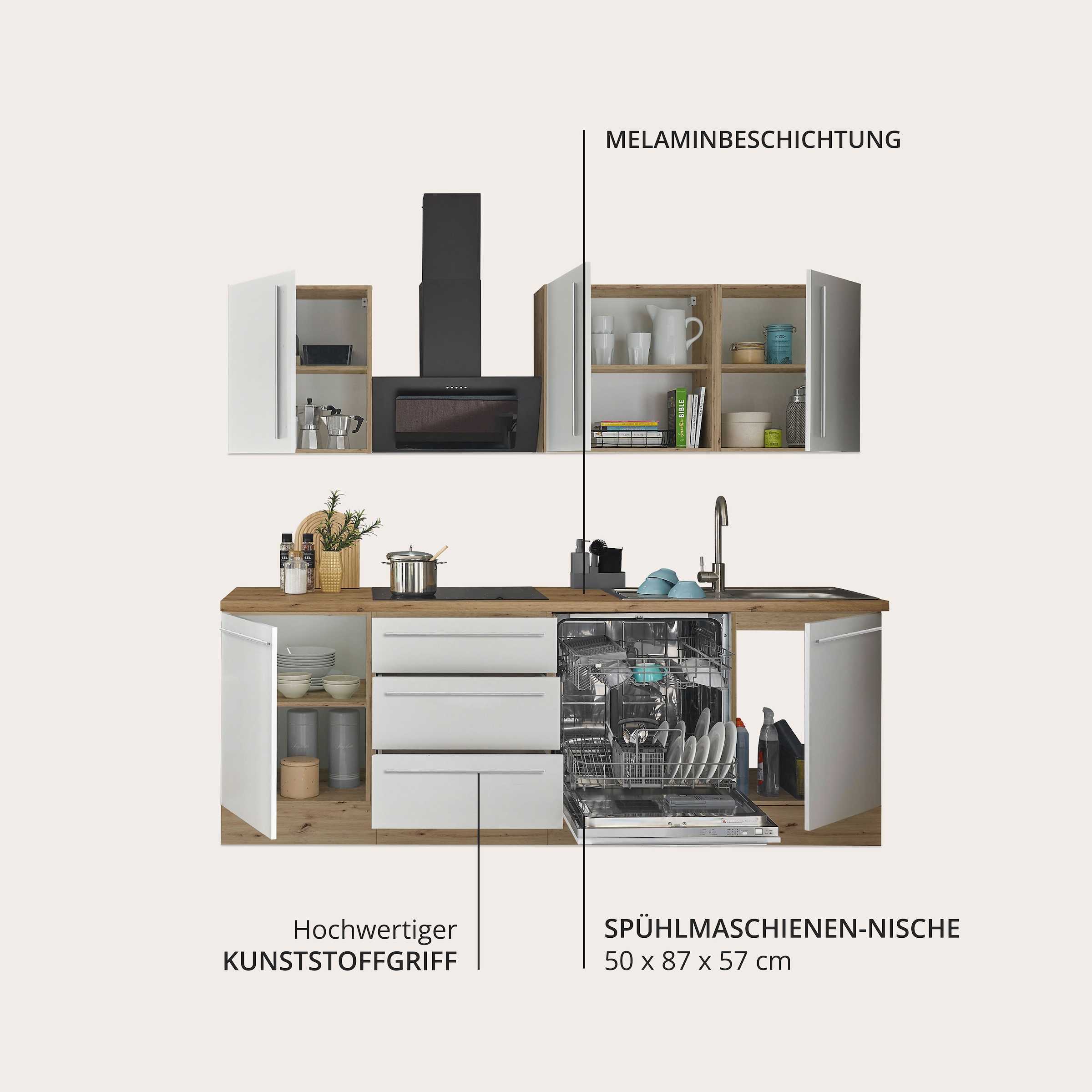 KOCHSTATION Küchenzeile »Florida« Breite 220 cm, Softclose für Türen und Schubkästen, ohne E-Geräte