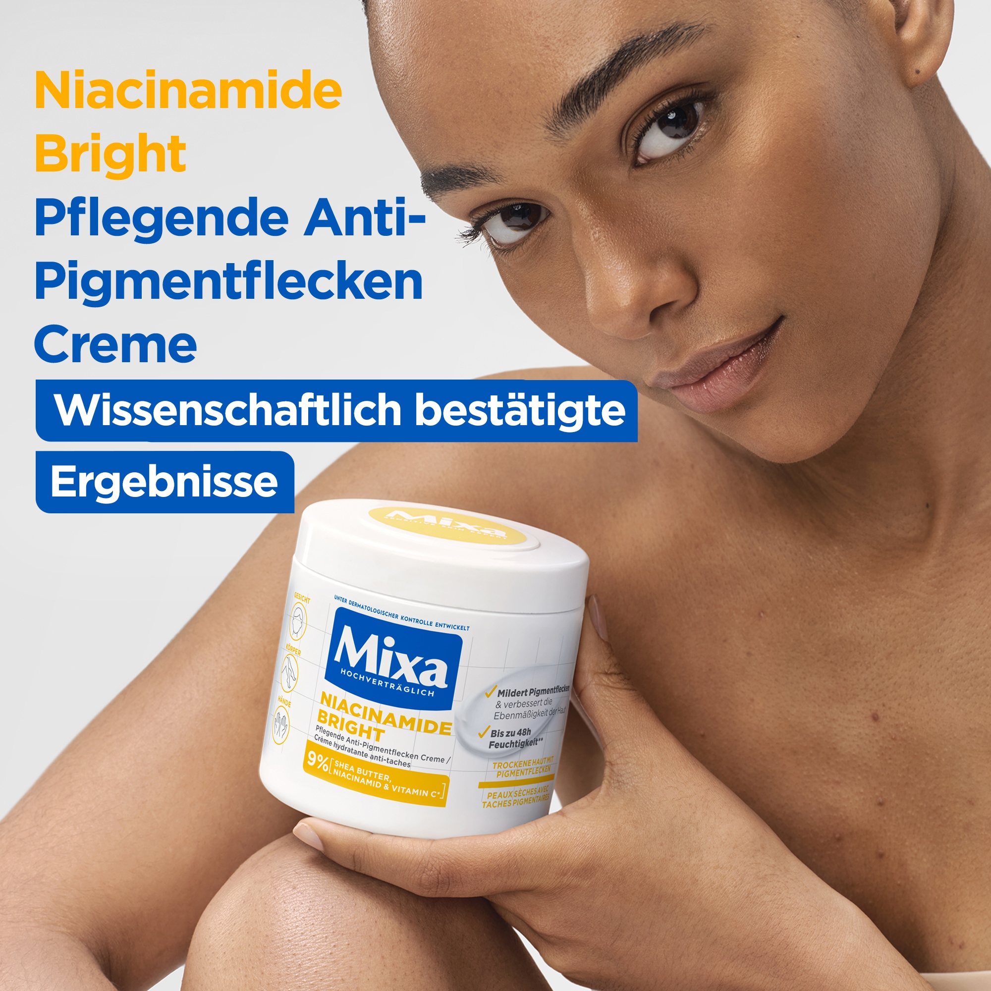 Mixa Körpermilch »Mixa Niacinamide Bright Creme« Mildert sonnenbedingte Pigmentflecken, versorgt trockene Haut.