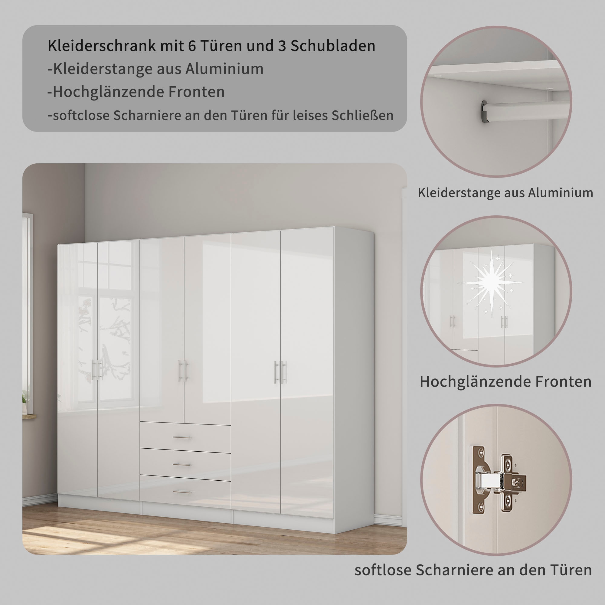 OTTO home Kleiderschrank »Trento Schlafzimmerschrank Garderobe hochglanz Bestseller« Schrank mit 6 Türen und 3 Schubladen, höchglänzende Fronten