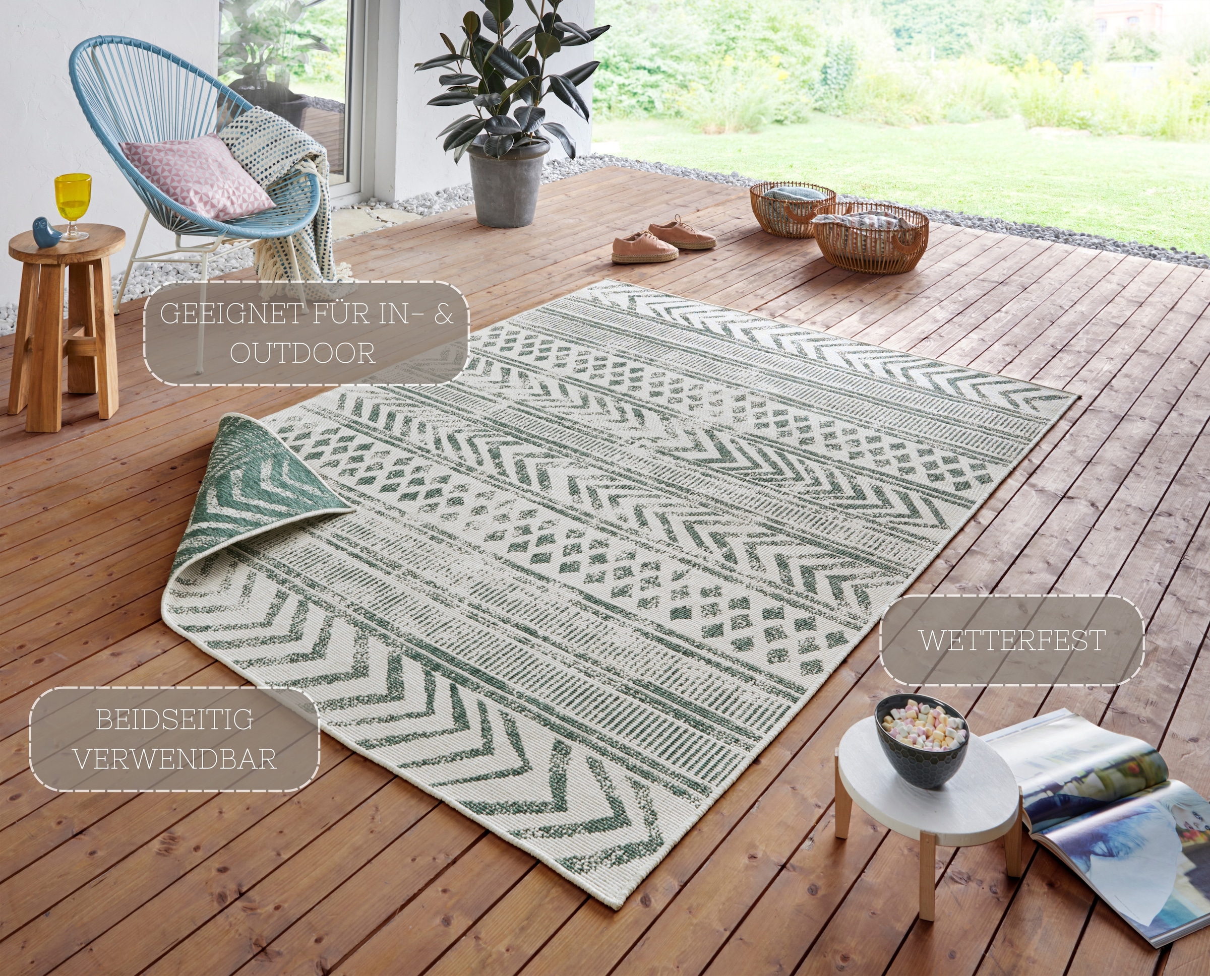 HANSE Home Teppich »BIRI Wendeteppich«, rechteckig, 5 mm Höhe, In-& Outdoor, Wetterfest, Balkon, Läufer, Wohnzimmer, Wasserfest, Boho