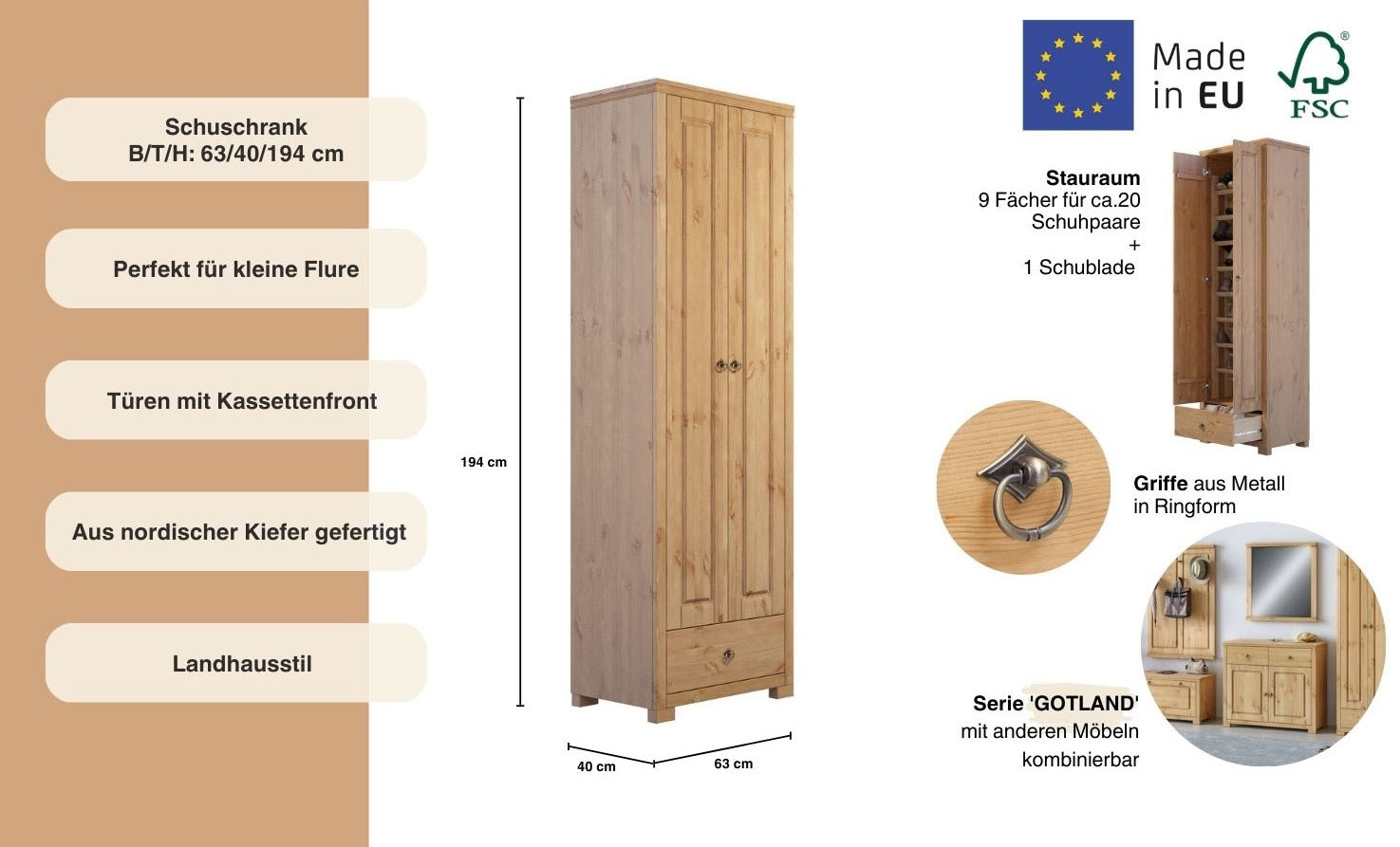Home affaire Schuhschrank »Gotland«, aus massiver Kiefer, FSC®-zertifiziert, Höhe 193 cm