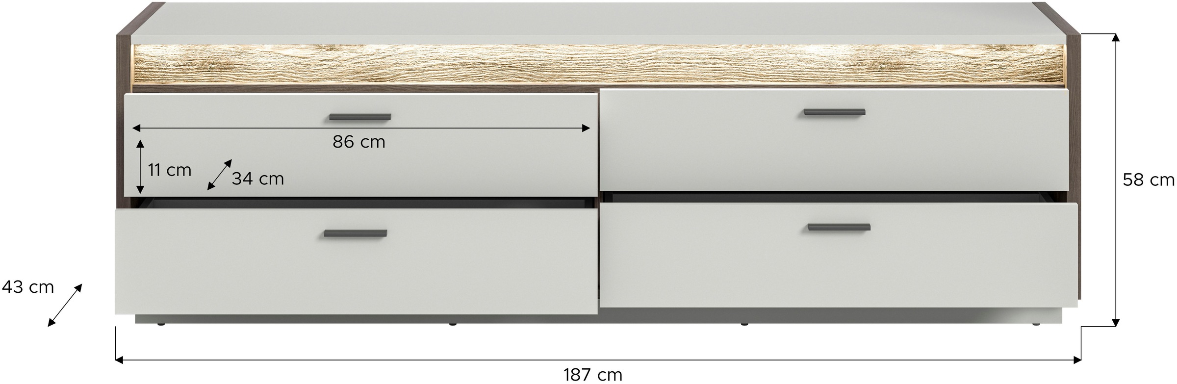 INOSIGN Lowboard »Treviso, Breite 187cm, inkl. Frontbeleuchtung, 4 Schubkästen«, TV-Board, Mediamöbel, TV-Bank, Fernsehschrank, Wohnzimmerschrank