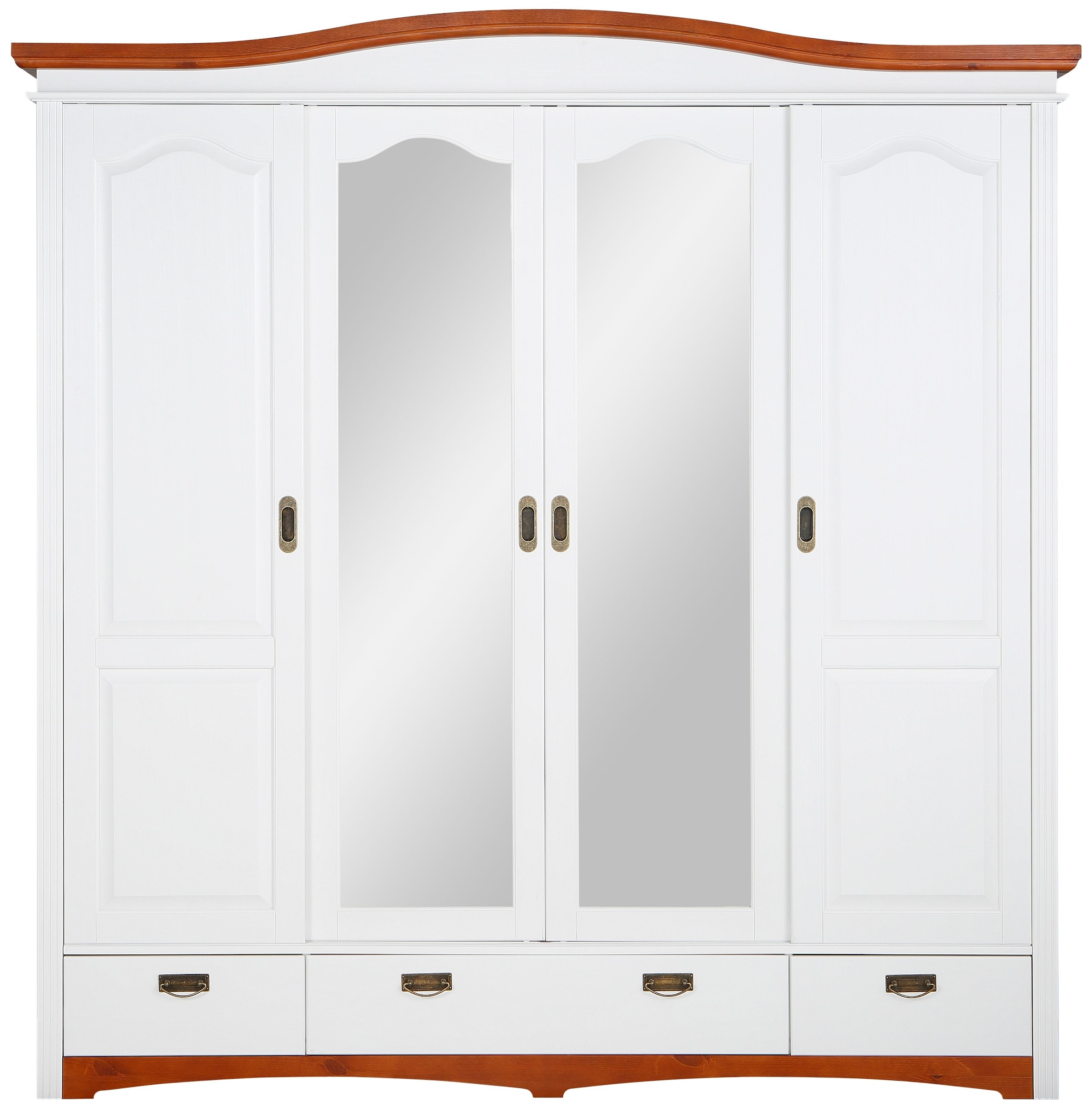 Home affaire Schiebetürenschrank »Konrad, Landhausstil, rustikal, mit Schubladen + Spiegel, Kassetten«, (3 Breiten: 153/202/249 cm H/T ca.207/64 cm), massive Kiefer, FSC®-zertifiziert, Messinggriffe, mehrere Varianten