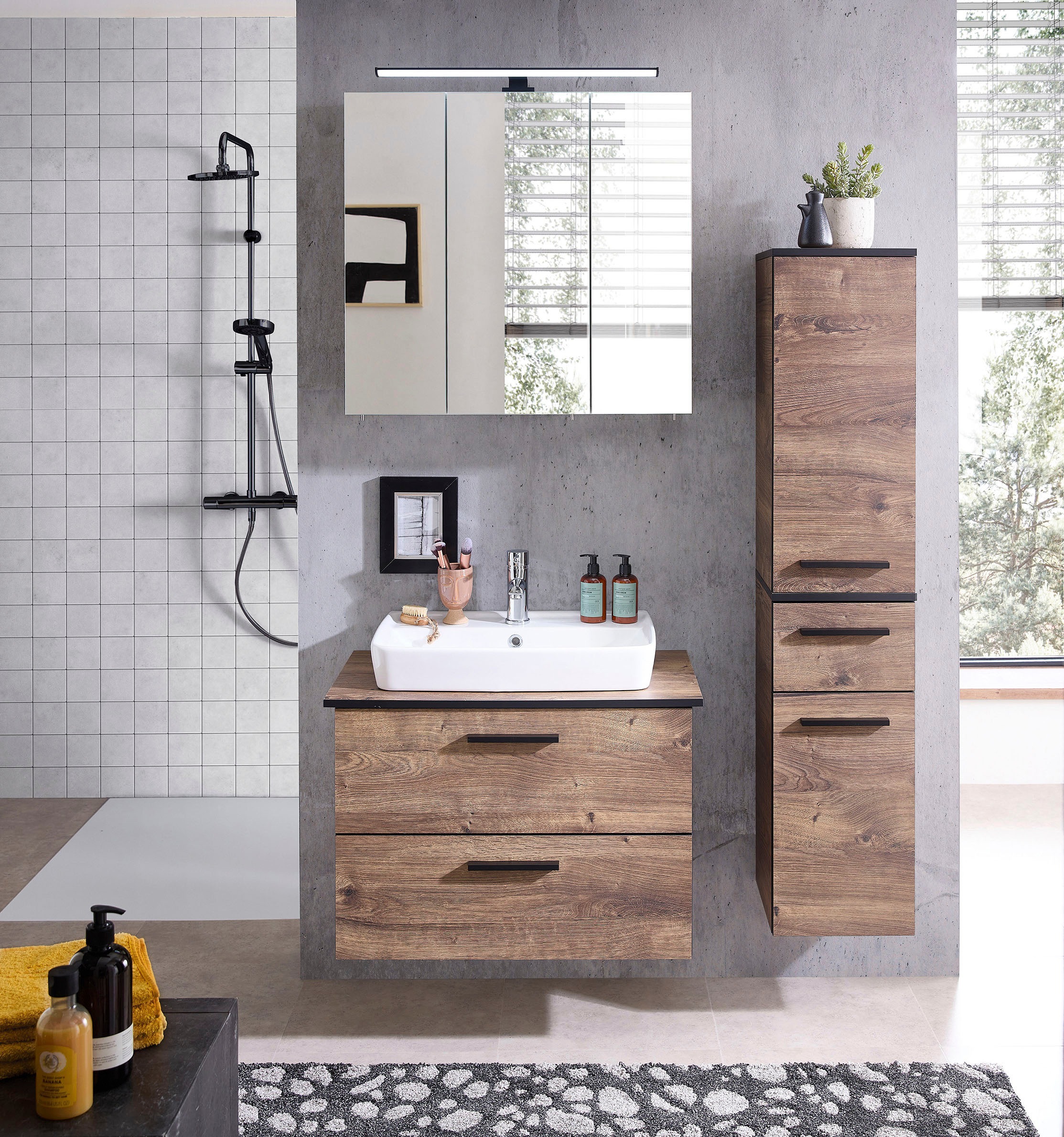 Saphir Schrankmodule »Quickset 374 Badschrank, 30 cm breit, 2 Türen, 1 Schublade« Set, 2 Stk. tlg. 3 Einlegeböden, inkl. Türdämpfer, Eiche Ribbeck quer Nachbildung