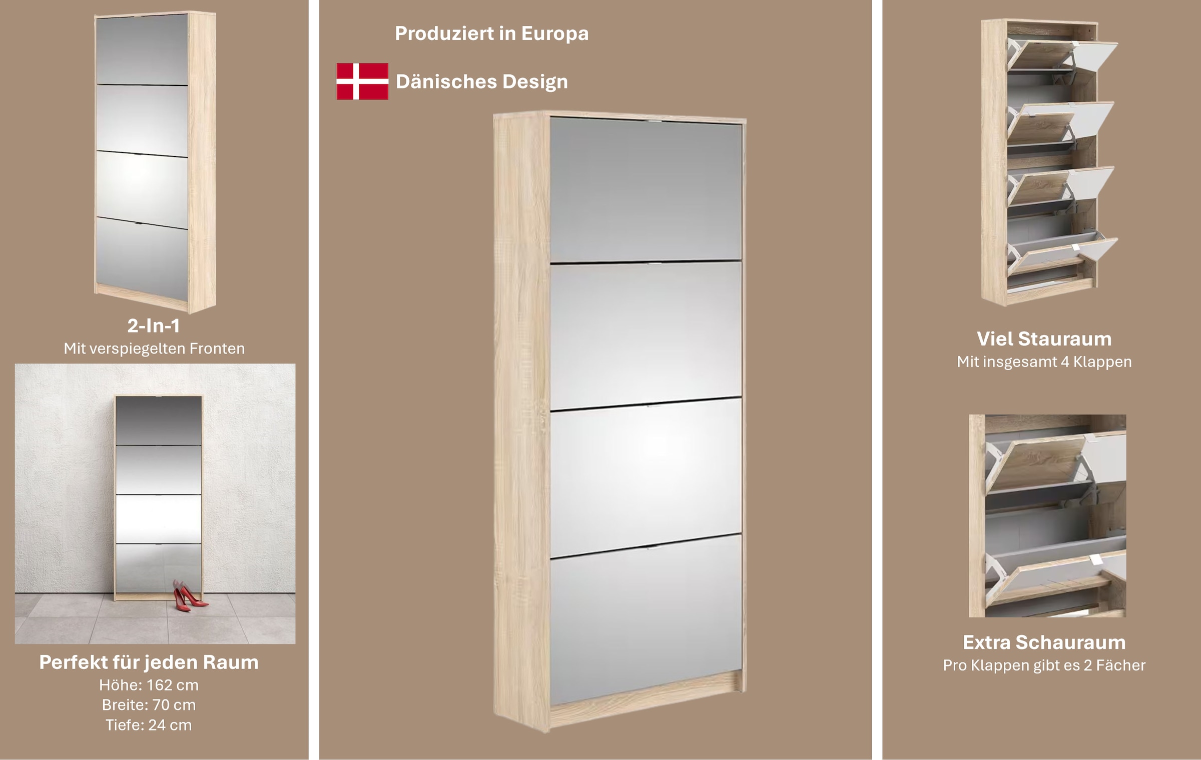INOSIGN Schuhschrank »Shoes«, verspiegelte Klappenfronten, 2 Fächer, Folienbeschichtet, Höhe 162 cm