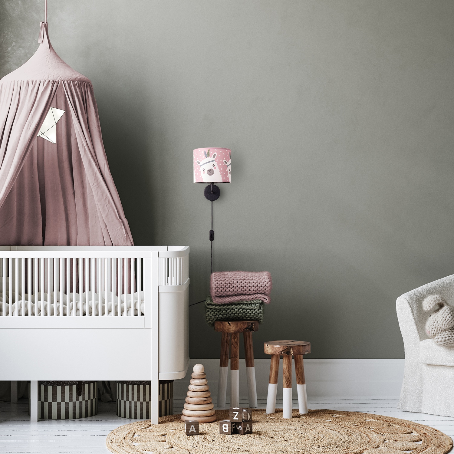 Paco Home Wandleuchte »Ela 214« E14 Kinderlampe Wandlampe  Mit Schalter Ø…18cm Lama Rosa Grau Kabel 3m E14