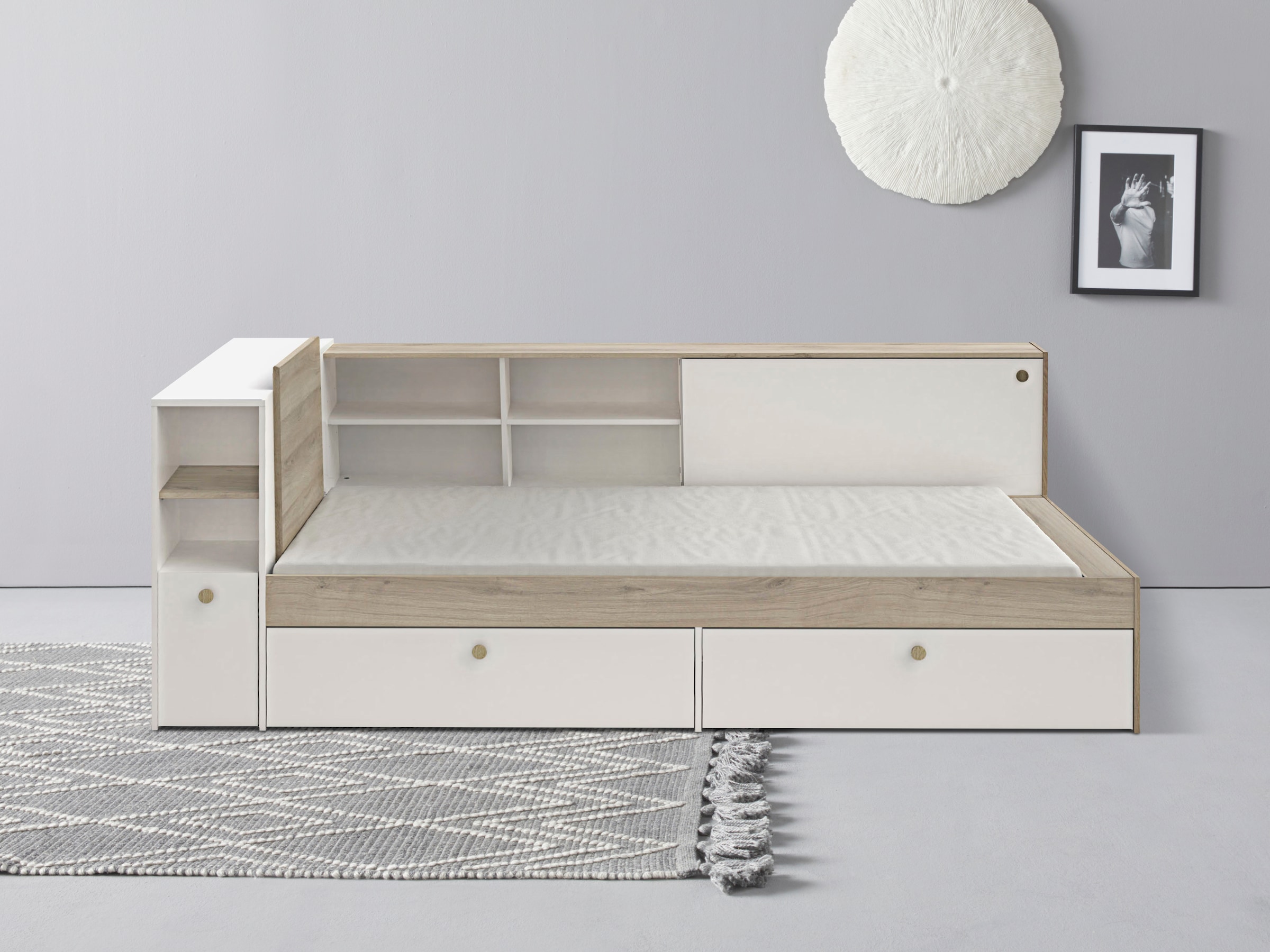 Demeyere GROUP, Stauraumbett »Life« ideal für kleine Räume, platzsparend, viel Stauraum, Kronberg eich/matt weiss + Kronberg eich/matt weiss, 