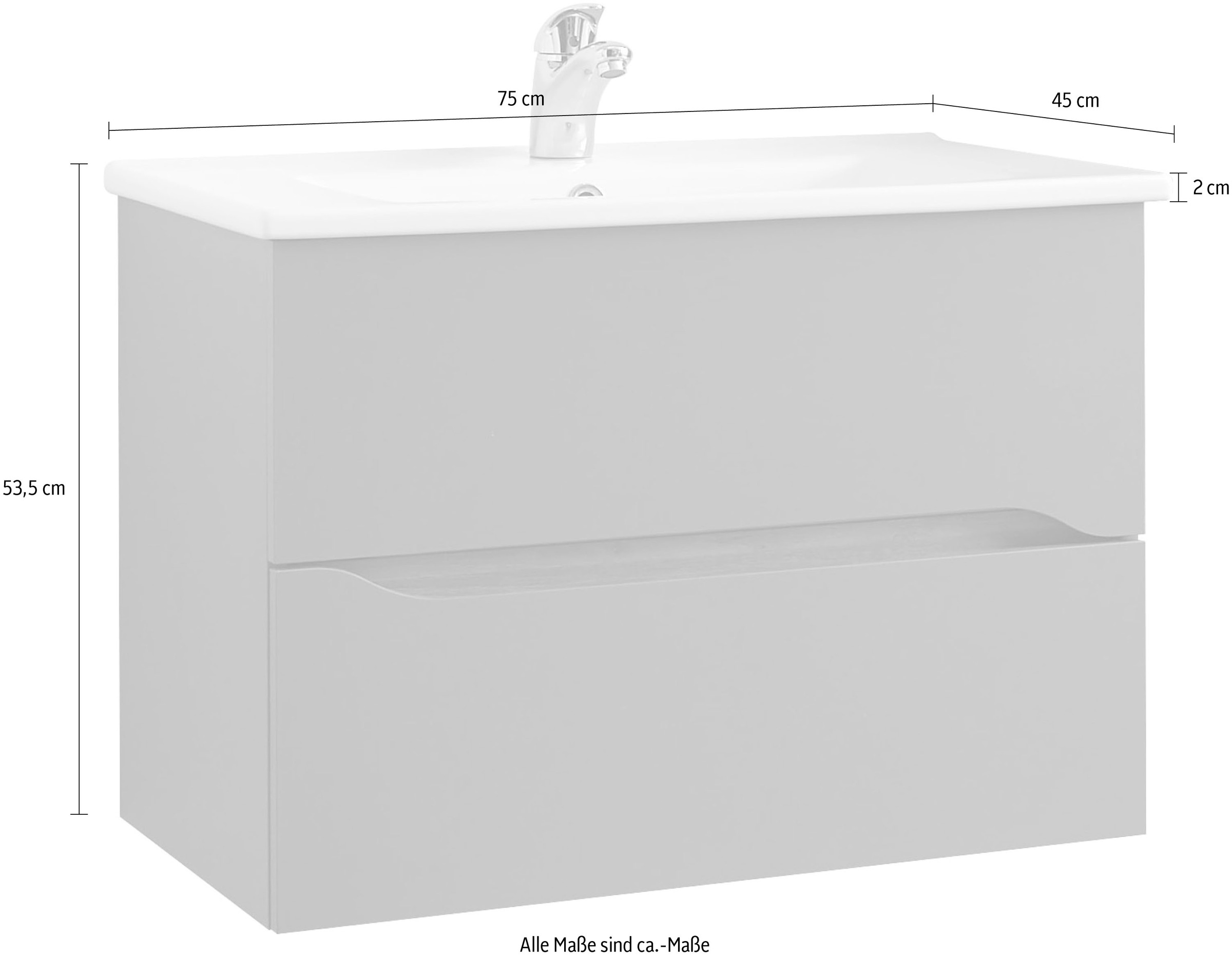 Saphir Waschtisch »Quickset Keramikwaschtisch mit Unterschrank, 75 cm breit«, Waschplatz, Unterschrank mit Waschbecken, 2 Schubladen, grifflos