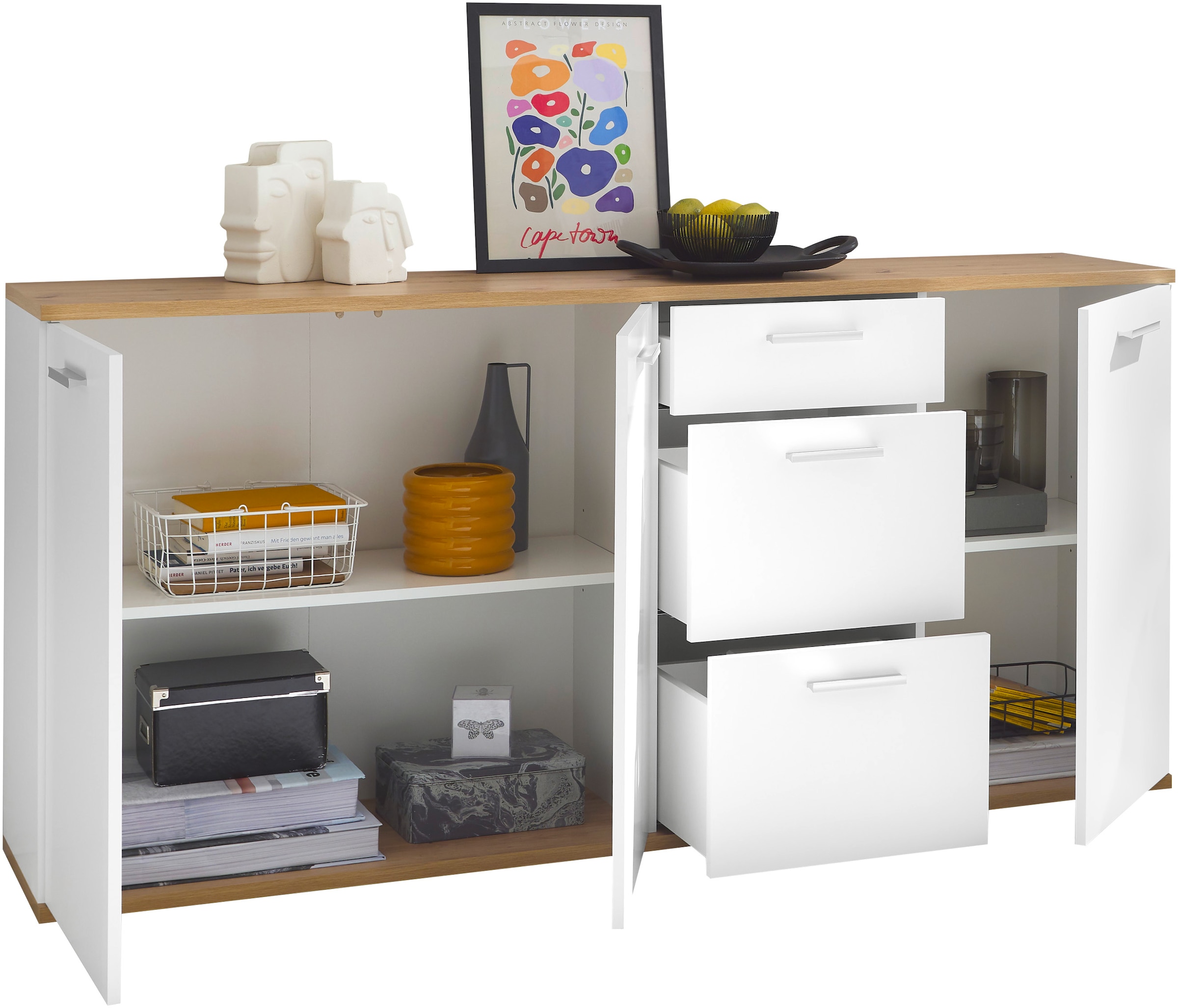 HBZ Kommode »BC1035 weiß matt, BxHxT 180x86x38 cm« Sideboard mit 3 Türen, 3 Schubkästen, 2 Einlegeböden