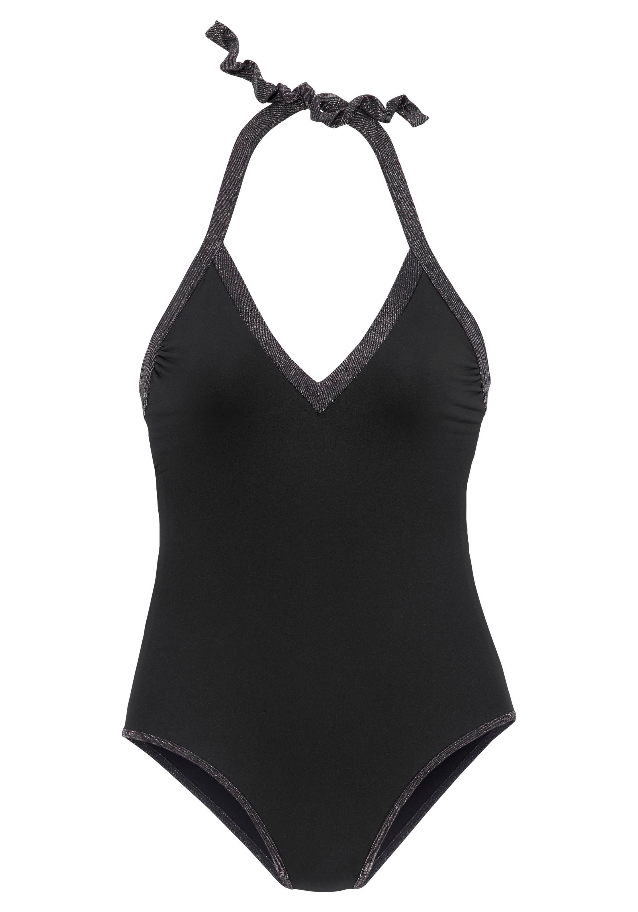 JETTE, Damen, Badeanzug tiefer V-Ausschnitt und Rückenausschnitt, schwarz, N-Gr, 36 - N-Gr, schwarz, Glitzernde Einsätze