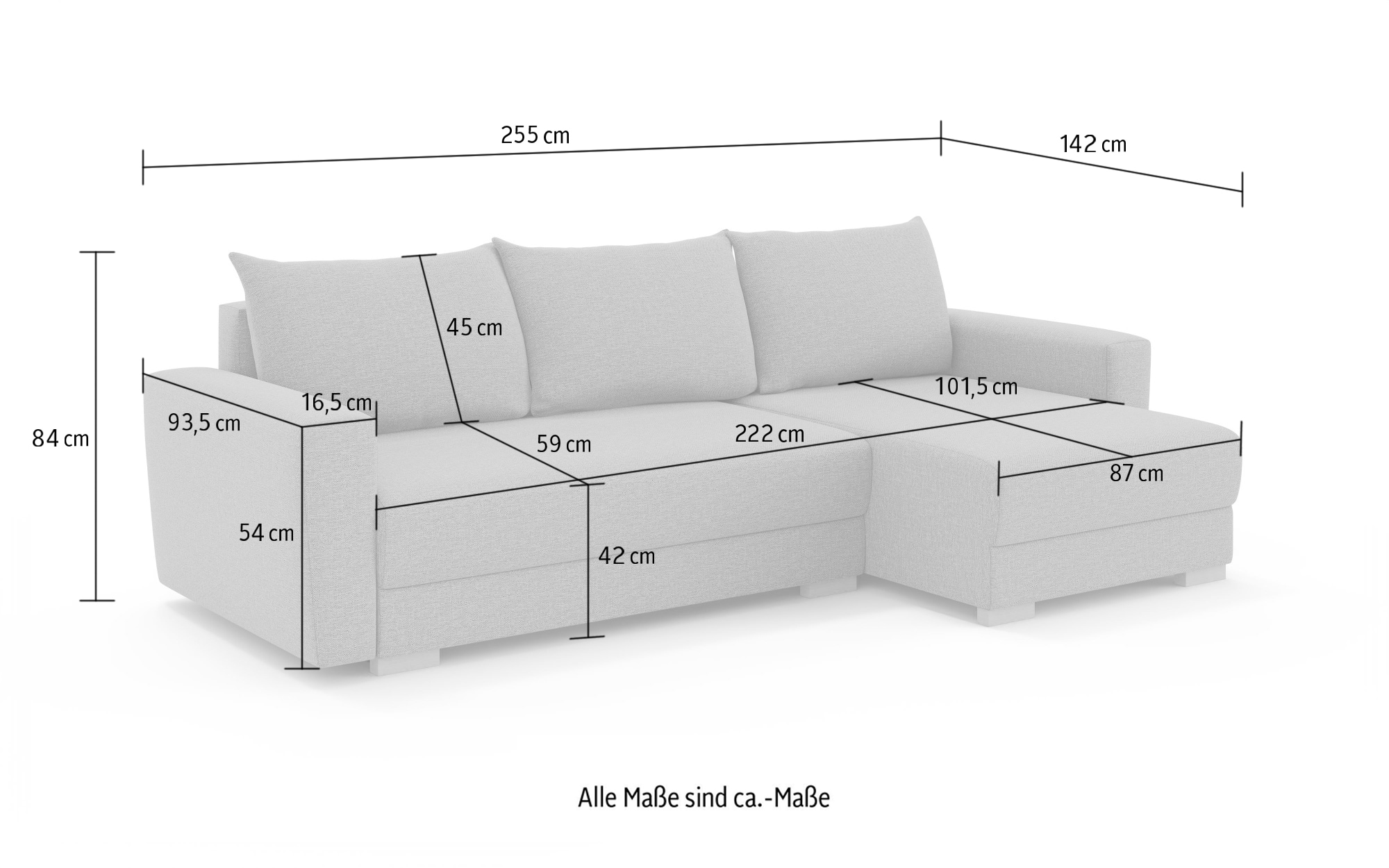 Home affaire Ecksofa »MAGHERA universell Schlafsofa mit Bettkasten, Maße B/T/H: 255/142/84cm« L-Form mit Recamiere rechts oder links montierbar, hoher Sitzkomfort