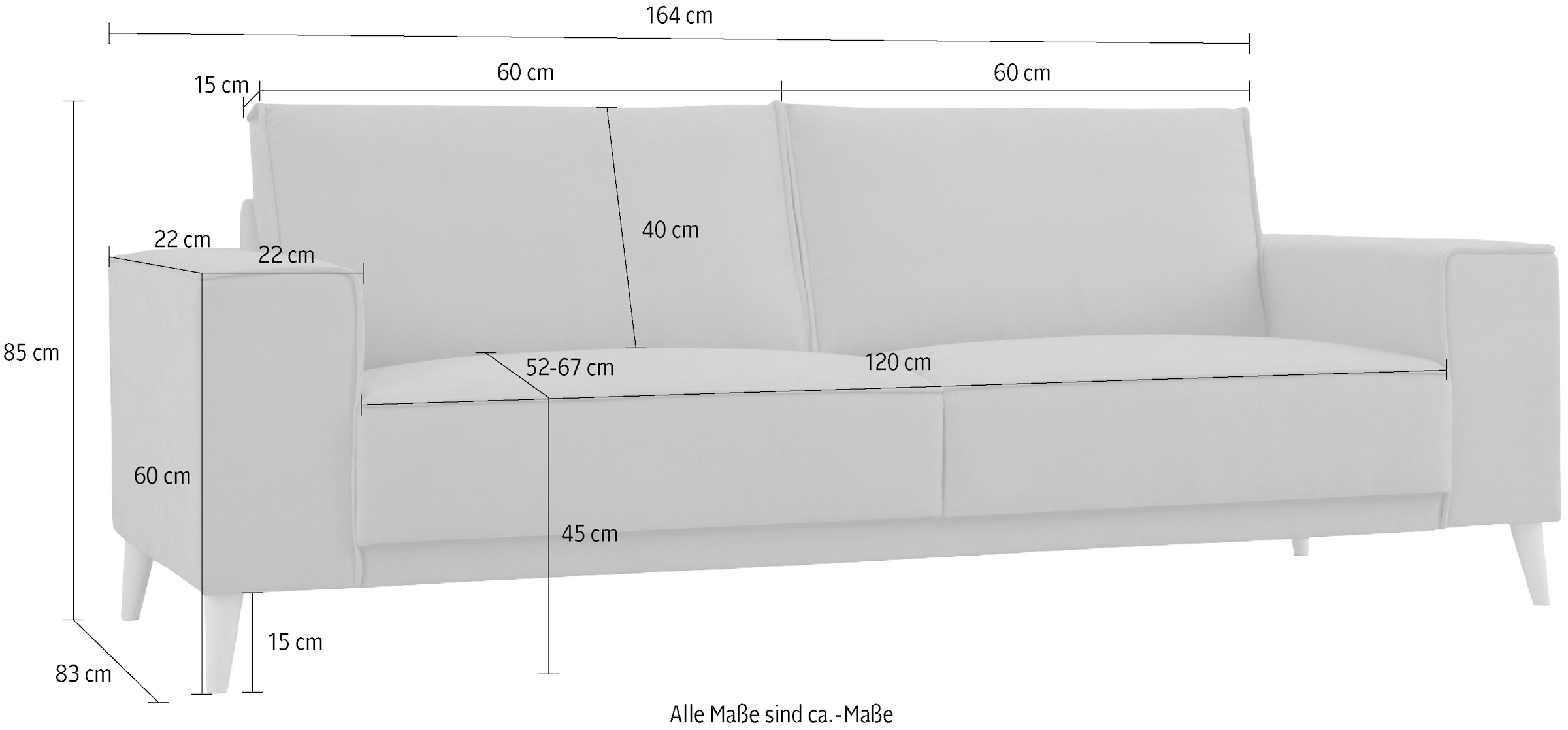 OTTO home 3-Sitzer »Oland Skandi, weicher Chenille-Stoff« 224 cm, Wellenunterfederung, Skandi-Design, Massivholzfüße