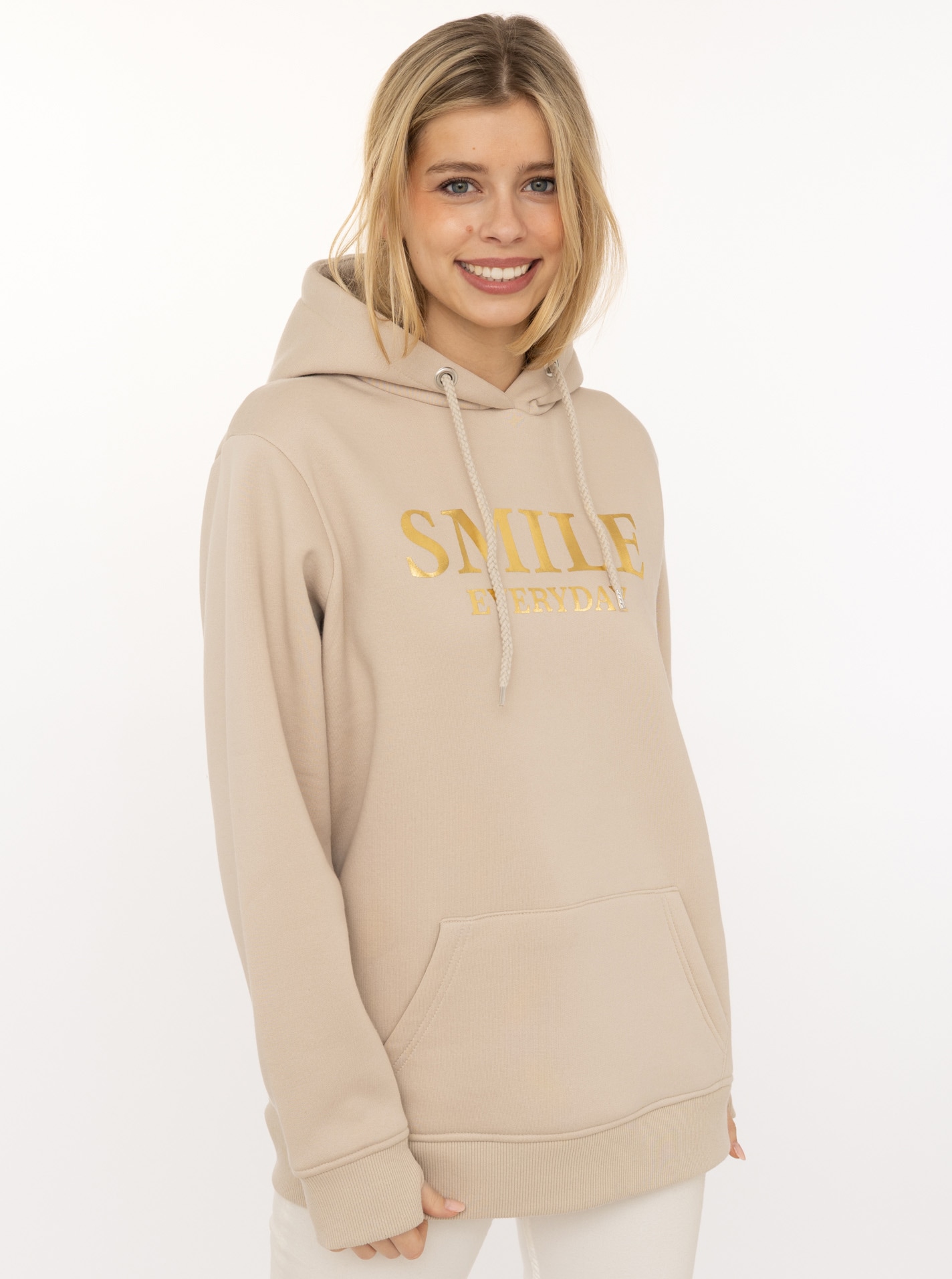 Zwillingsherz Hoodie »"Smile Sparkle"«, glänzender Print, Fronttasche, Kapuze, Daumenloch

