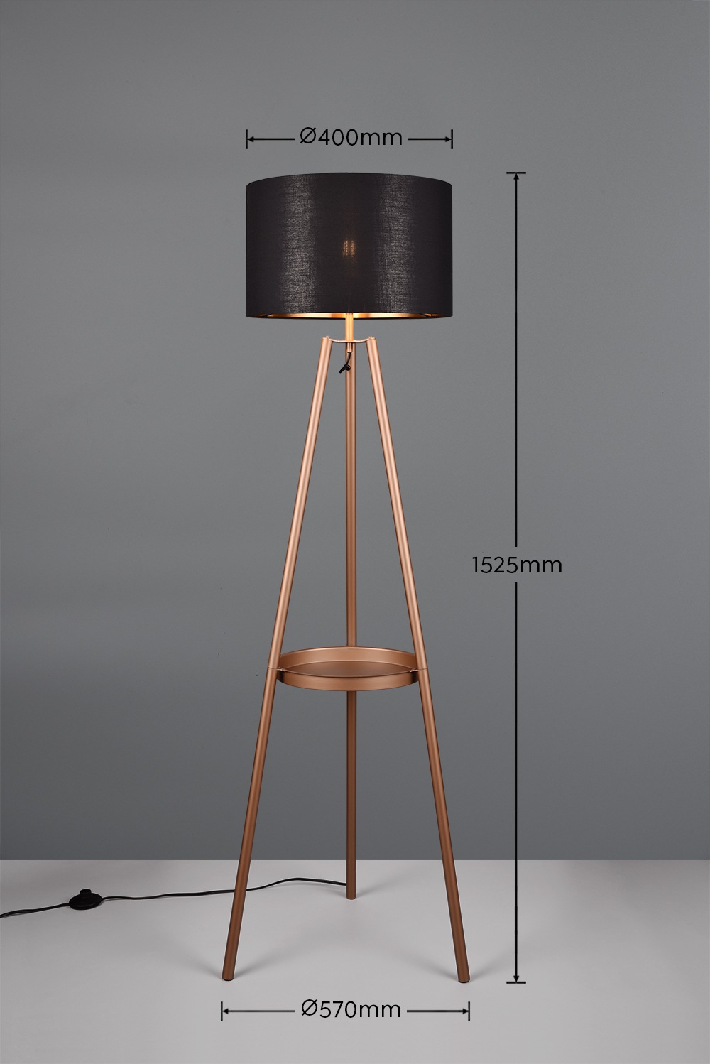 REALITY Leuchten Stehlampe »COLETTE, Stehleuchte Dreibein mit Ablagefläche exkl 1xE27 max 60W«, 1 flammig, Leuchtmittel E27 | Leuchtmittel wechselbar, Stehleuchte Ø 57cm mit Fußschalter moderne Farbkombination innen gold
